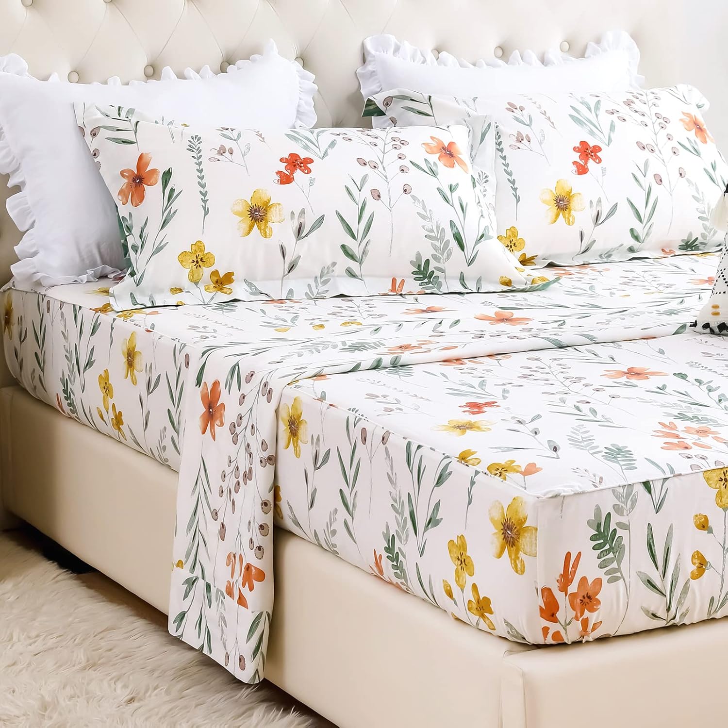 Lady Ann 100 Cotton Floral Twin Sheets, Orange Flowers