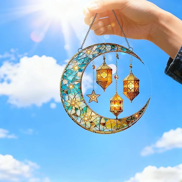Crescent Moon & Lantern Acrylic Suncatcher with Hanging Chain, Moroccan Style Window Decor for Home, Patio, Garden, Ramadan & Housewarming,Ideal Present for Family and Friends/YX-37 - 4