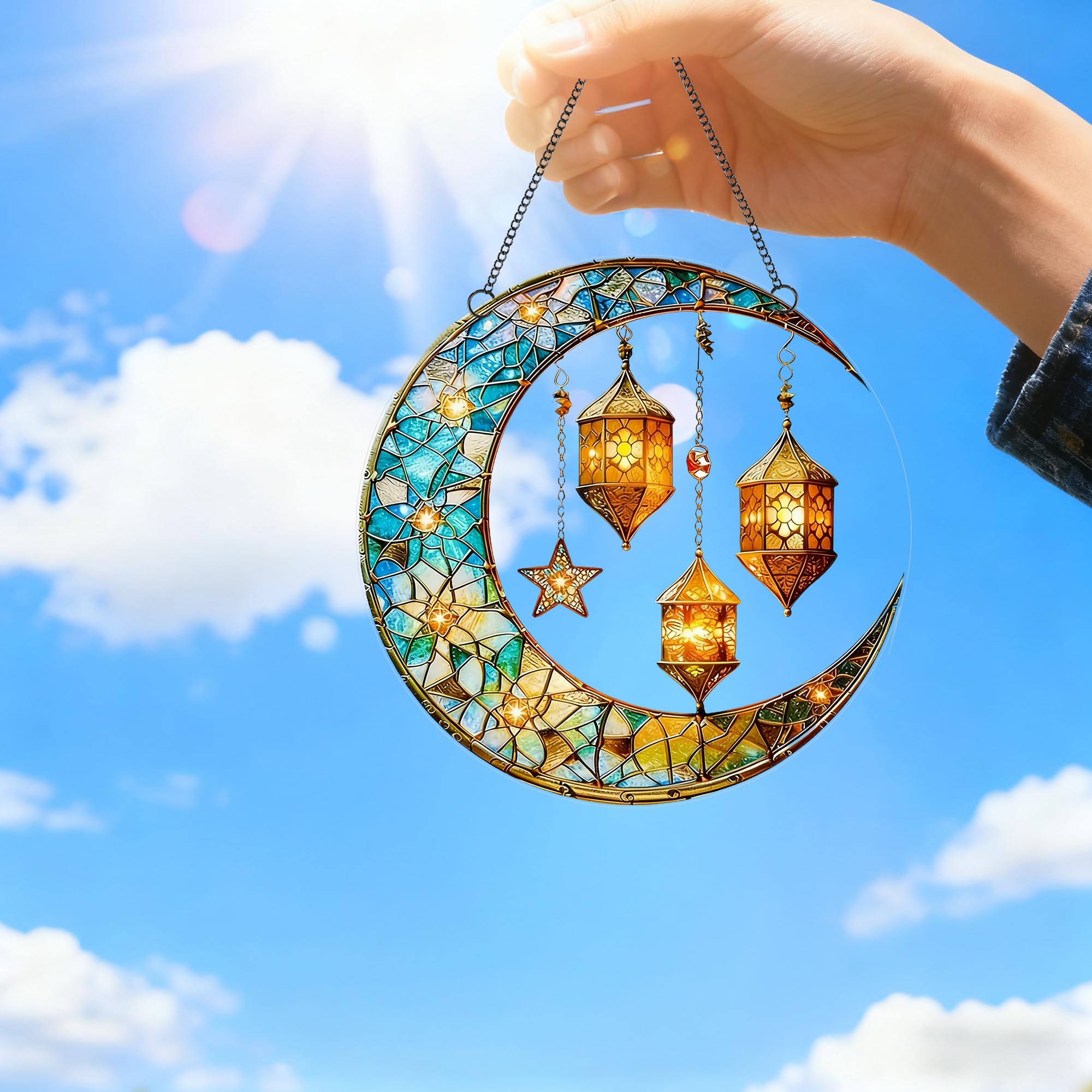Crescent Moon & Lantern Acrylic Suncatcher with Hanging Chain, Moroccan Style Window Decor for Home, Patio, Garden, Ramadan & Housewarming，Ideal Present for Family and Friends/YX-37 — view 4