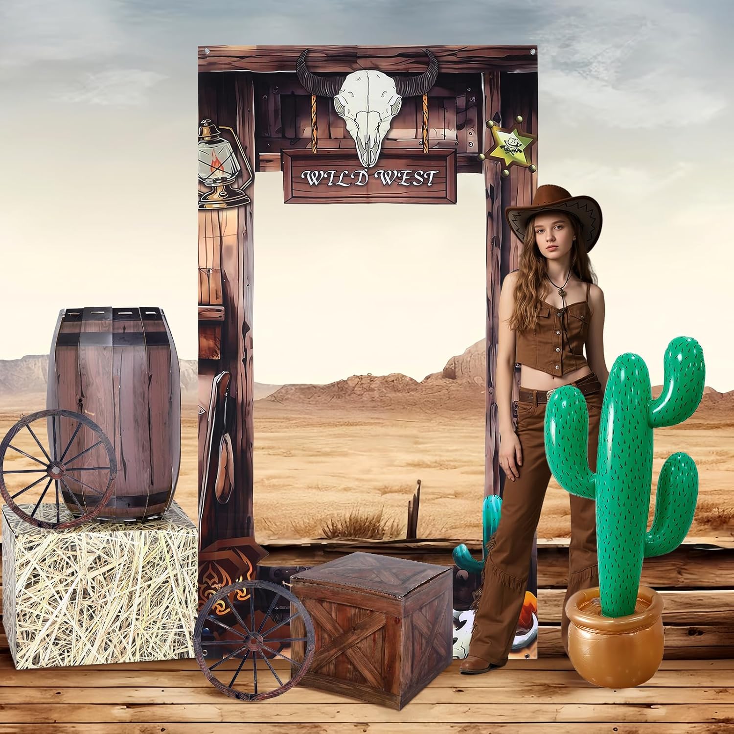 10pcs Western Party Decorations, Western Decor Cowboy Party Decorations Rodeo Parties Decoration Hay Bales Boxes Inflatable Cactus Prop Decor, Cowboy Birthday Party Decoration for Village Accessories