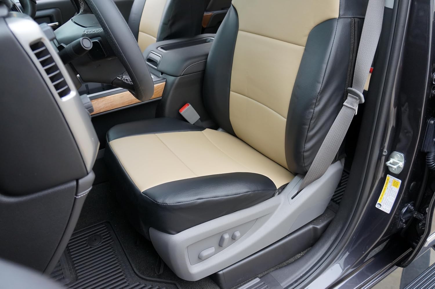 Iggee for Chevy Silverado Tahoe Suburban GMC Sierra Yukon Cadillac Escallade 2014~2018 Artificial Leather Exact fit 2 Front seat Covers (Black/Beige)