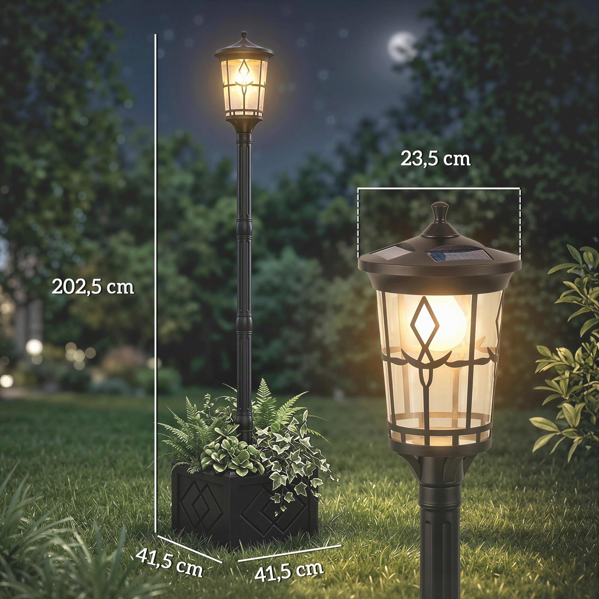 Outsunny Farola Solar Exterior de Jardín con Macetero 41,5x41,5x202,5 cm | Luz Solar de Exterior LED, 2 Modos de Brillo 100/50 lm, Impermeable IP44, Encendido/Apagado Automático, para Terraza, Patio