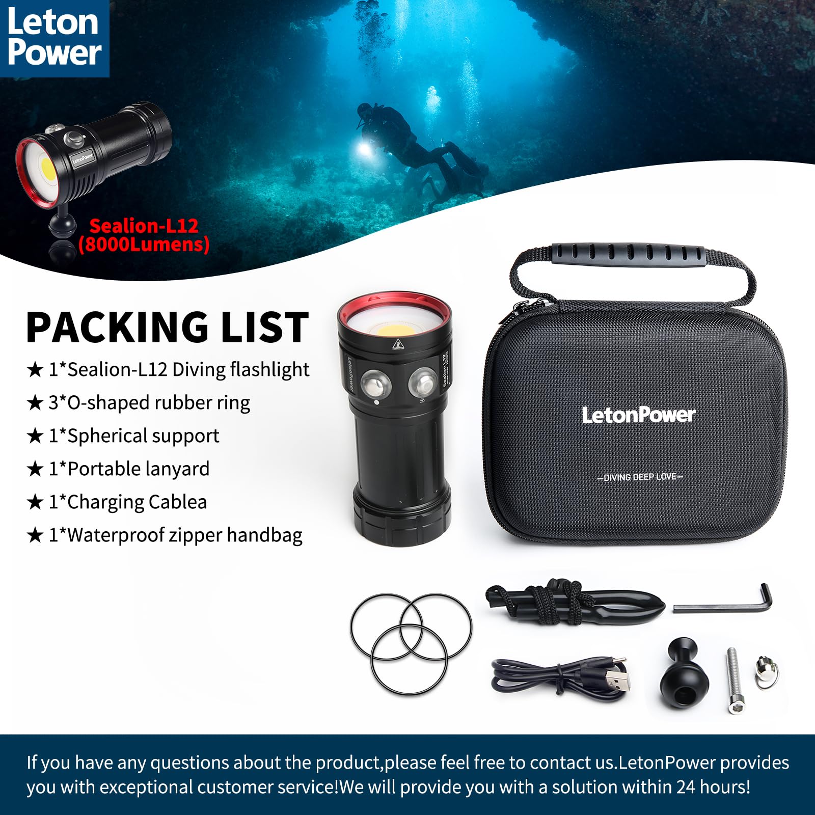 L12 Lampe de Plongée 8000 Lumens - Éclairage pour Photographie et Vidéo sous Marine, 6000K, 90 CRI, Étanche 100m, Recharge USB-C pour Sports Nautiques et Plongée Professionnelle