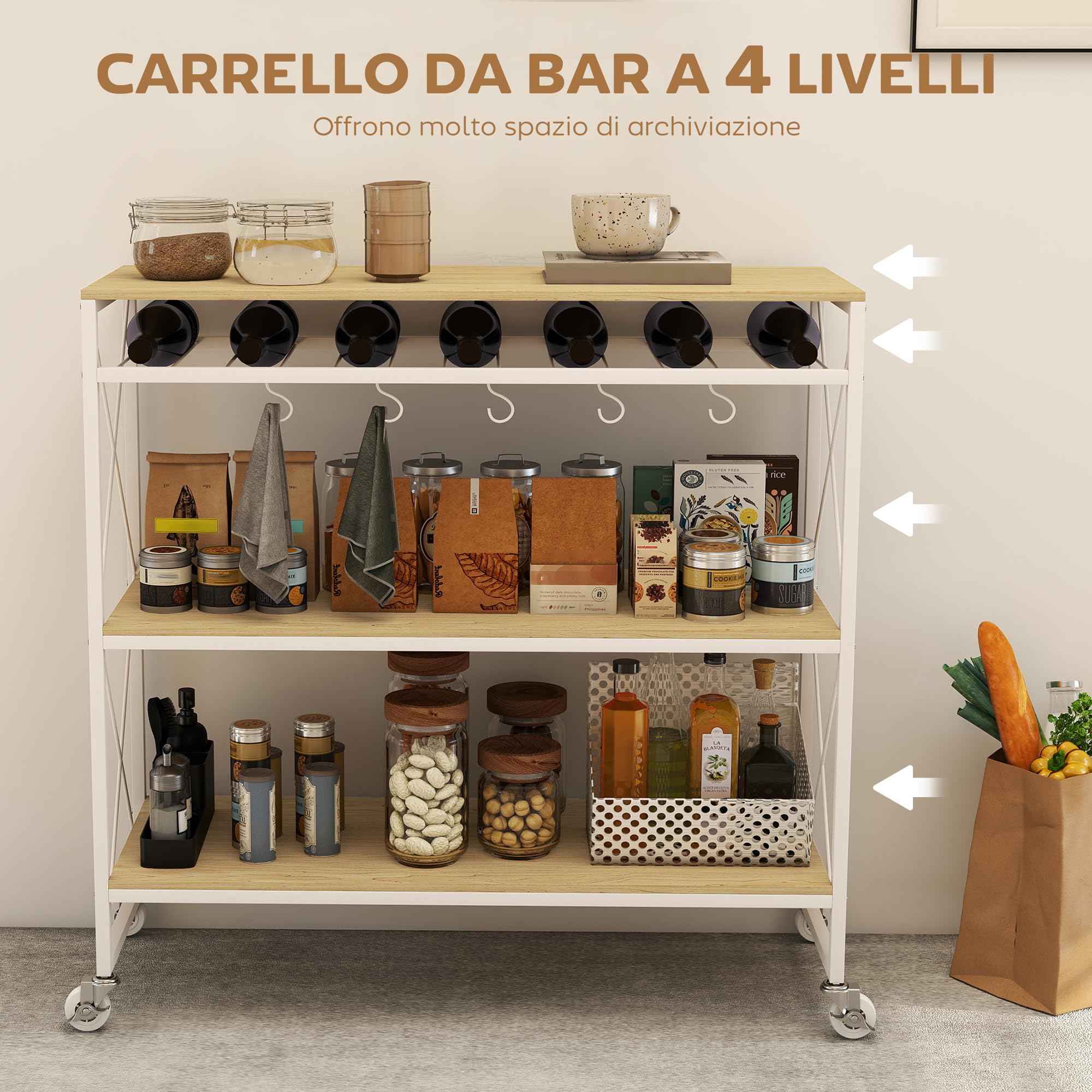HOMCOM Carrello da Cucina a 4 Livelli con Portabottiglie e 5 Ganci Rimovibili, Carrello Portavivande Salvaspazio con Ruote a Freno in Legno e Metallo, 96.5x38x96.7 cm, Color Legno