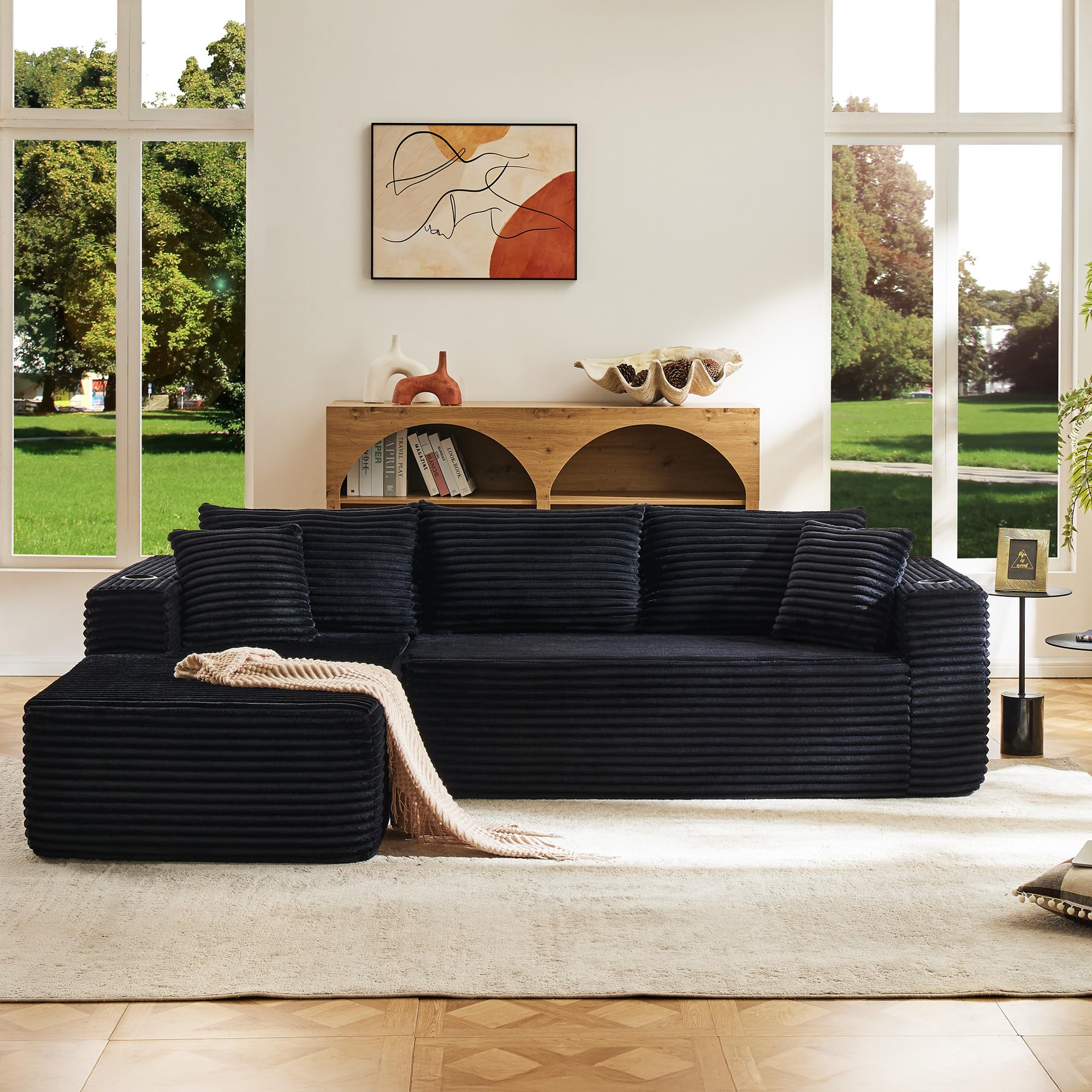 Modular Compressed Sectional Sofa Set Velvet Corduroy Upholstery Convertible Couch with Cup Holders and Pillows for Living Room
