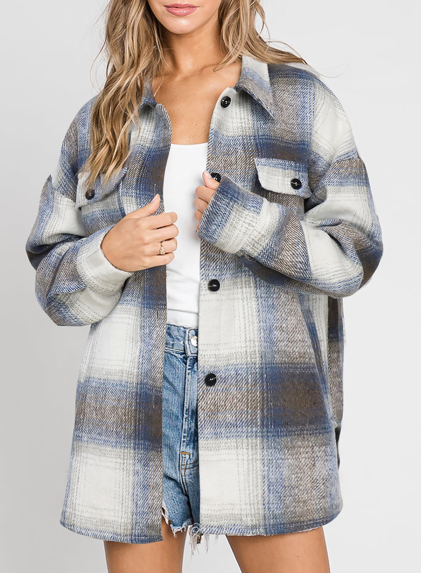 Beaully Women's Flannel Plaid Shacket Long Sleeve Button Down Shirts Jacket Coats with Side Pockets