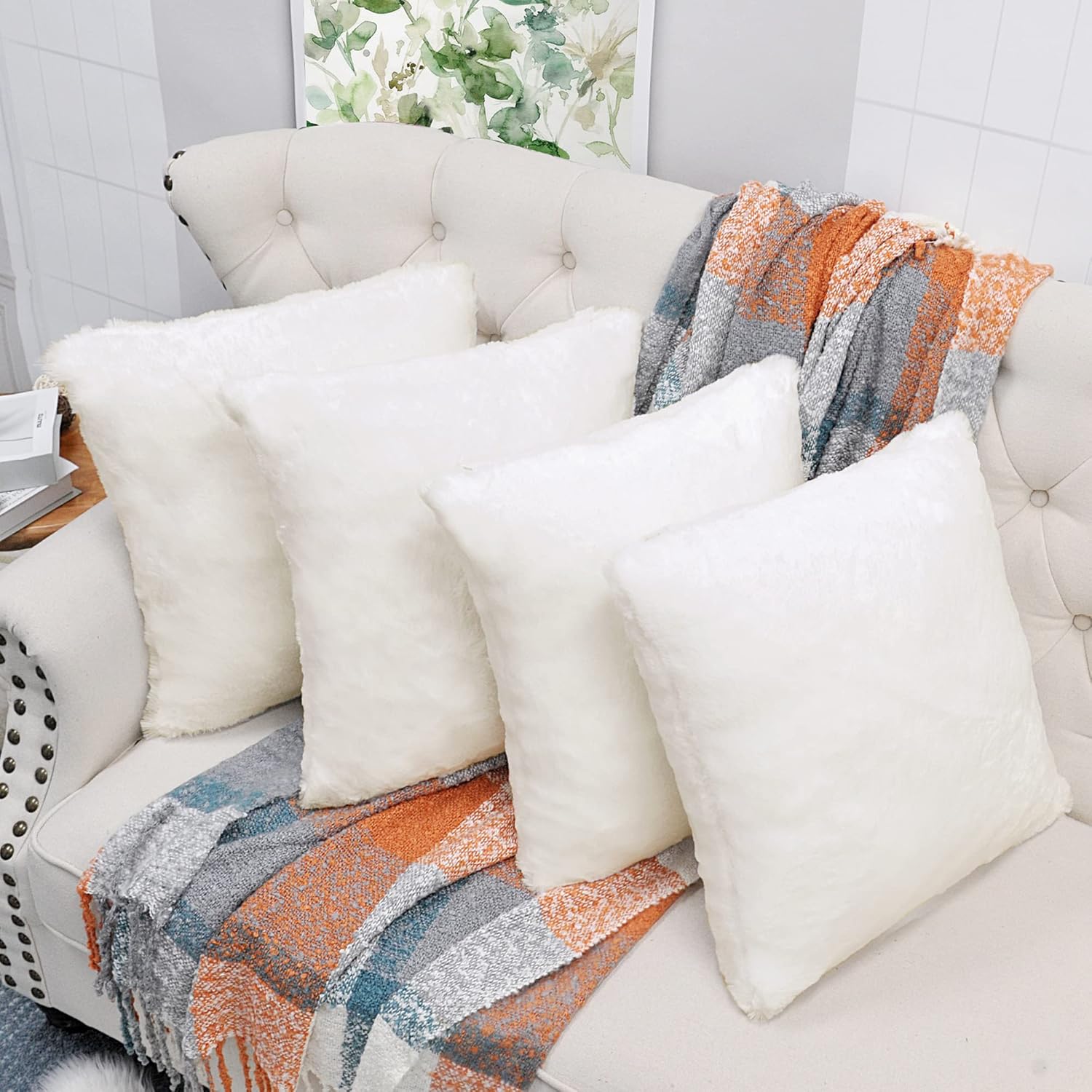 Faux Fur Decorative Square Throw Pillow Covers 20 x 20 Inches Set of 4, Plush Fluffy Fuzzy Soft Luxury Cushion Case Pillowcase for Couch Bed Car Bedroom Living Room, Egret