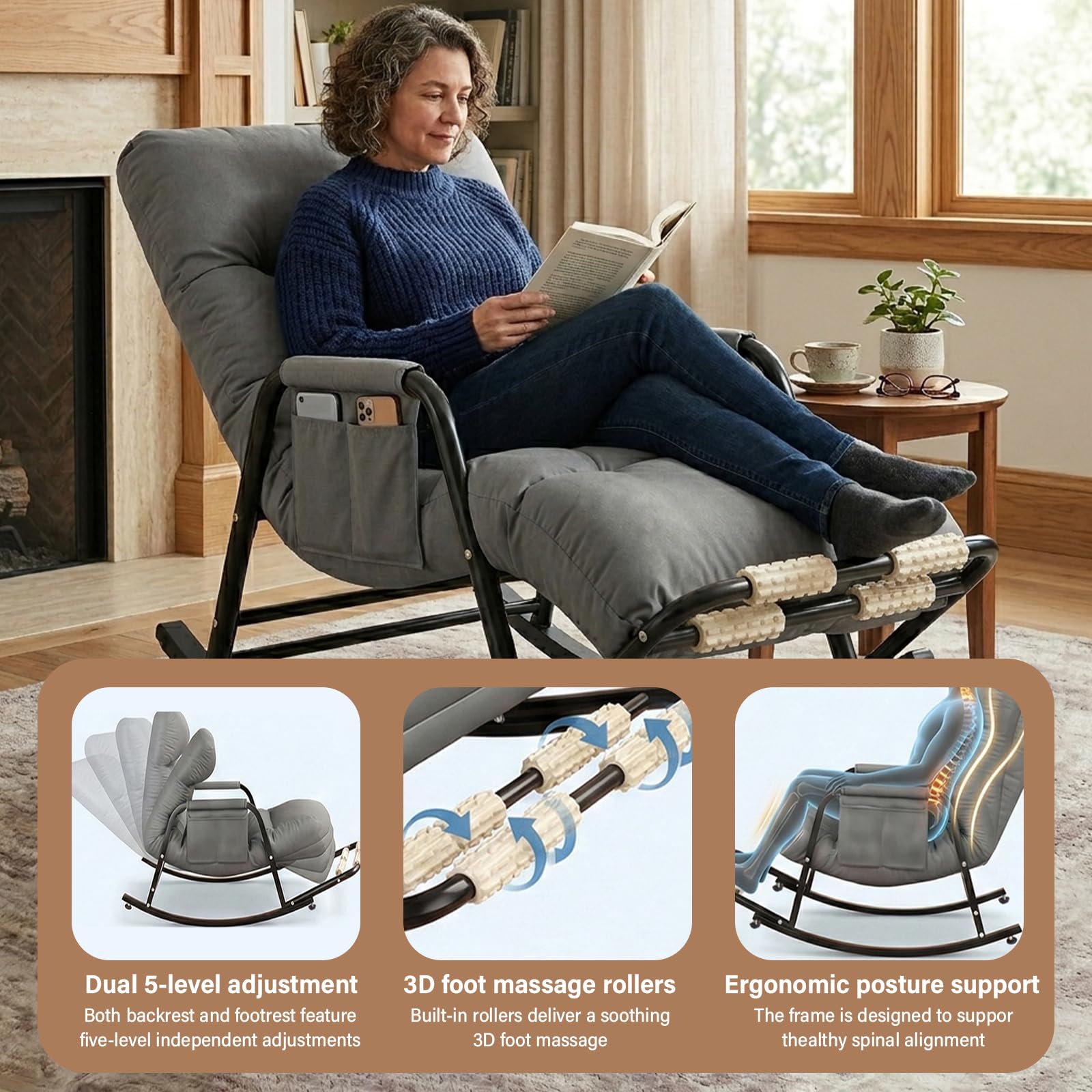 Fauteuil à Bascule avec Repose-Pieds, Dossier et Repose-Pieds Réglables 5 Positions, Repose-Pieds Massant, Revêtement Résistant, Structure en Acier, Gris, Salon, Chambre Bébé, 60×111×50 cm