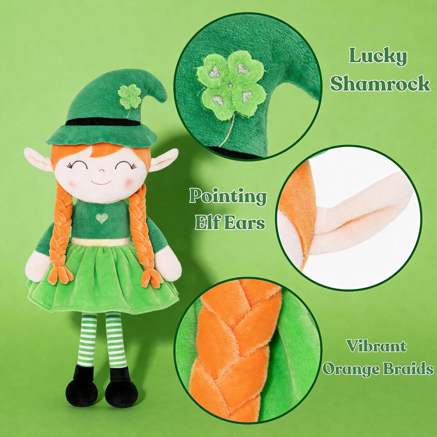 Gloveleya Plush Dolls Saint Patrick's Day Gifts Soft Blessings Doll Shamrock Wishes Plush Leprechaun Baby Girl Gifts