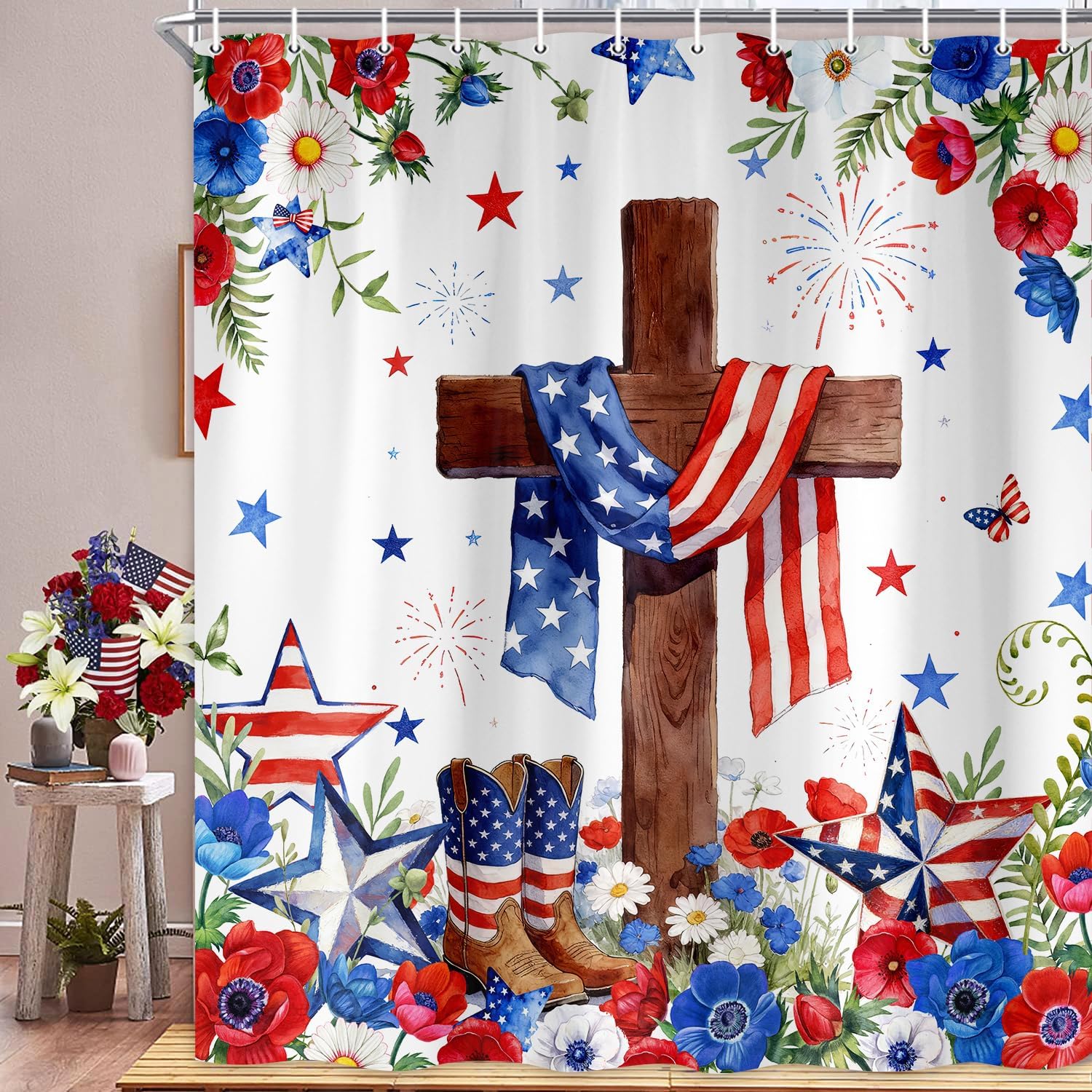 4th of July Shower Curtain, Highland Cow Red Blue Floral American Flag Independence Bathroom Decor, 250th Anniversary Rustic Waterproof Fabric Shower Curtain Set for Home Decor with Hooks, 72X75IN
