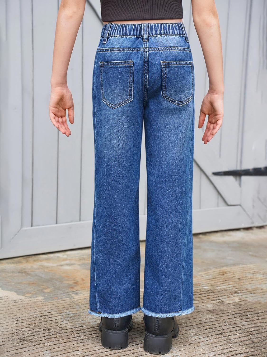 Haloumoning Girls Wide Leg Jeans Kids Elastic High Waisted Raw Hem Denim Pants with Pockets 5-14 Years - Image 4