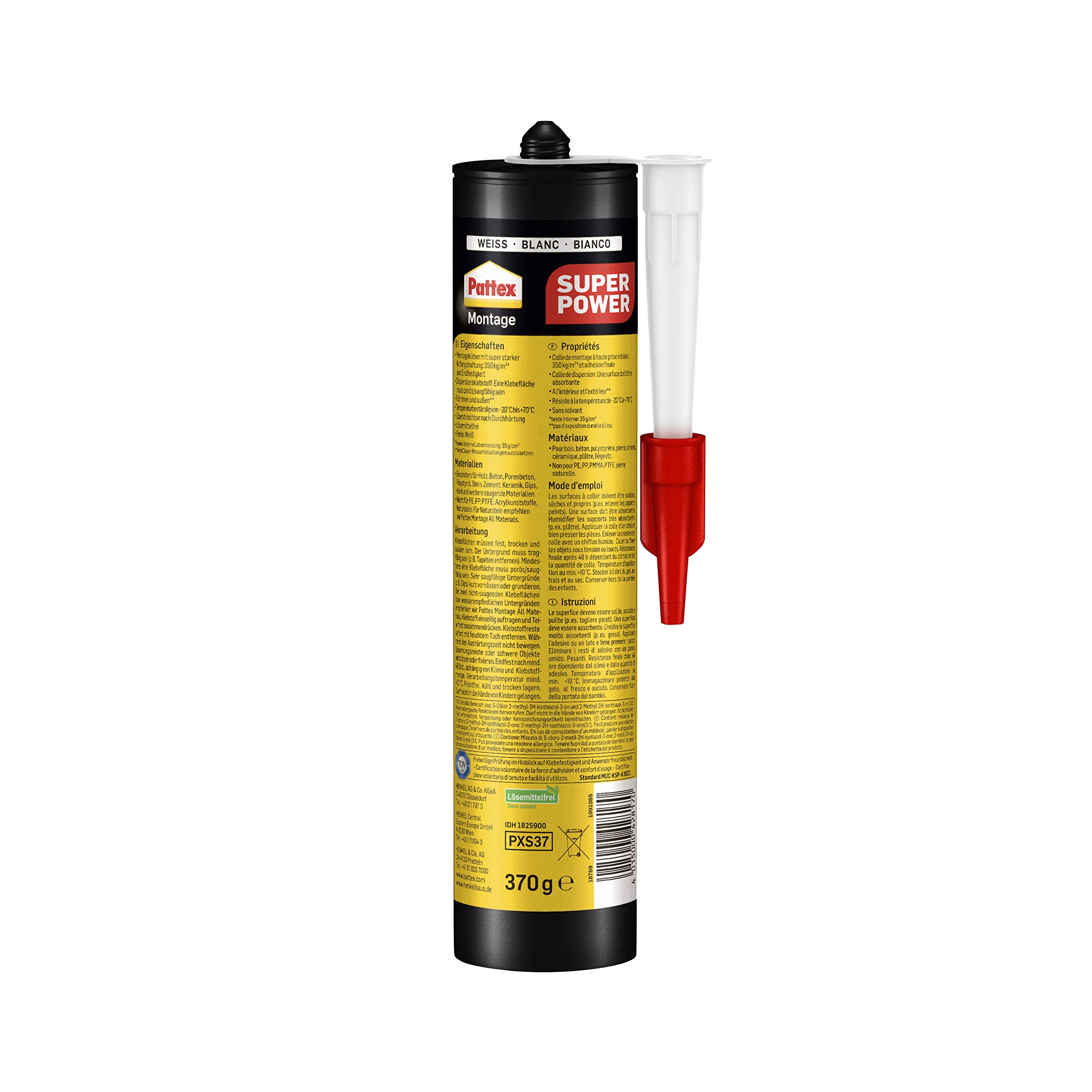 Pattex Montagekleber Super Power, Baukleber mit superstarker Anfangshaftung, Kraftkleber für saugende Materialien, Kleber für innen & außen, Aktionspack mit 3 x 370g, 9H PXS37