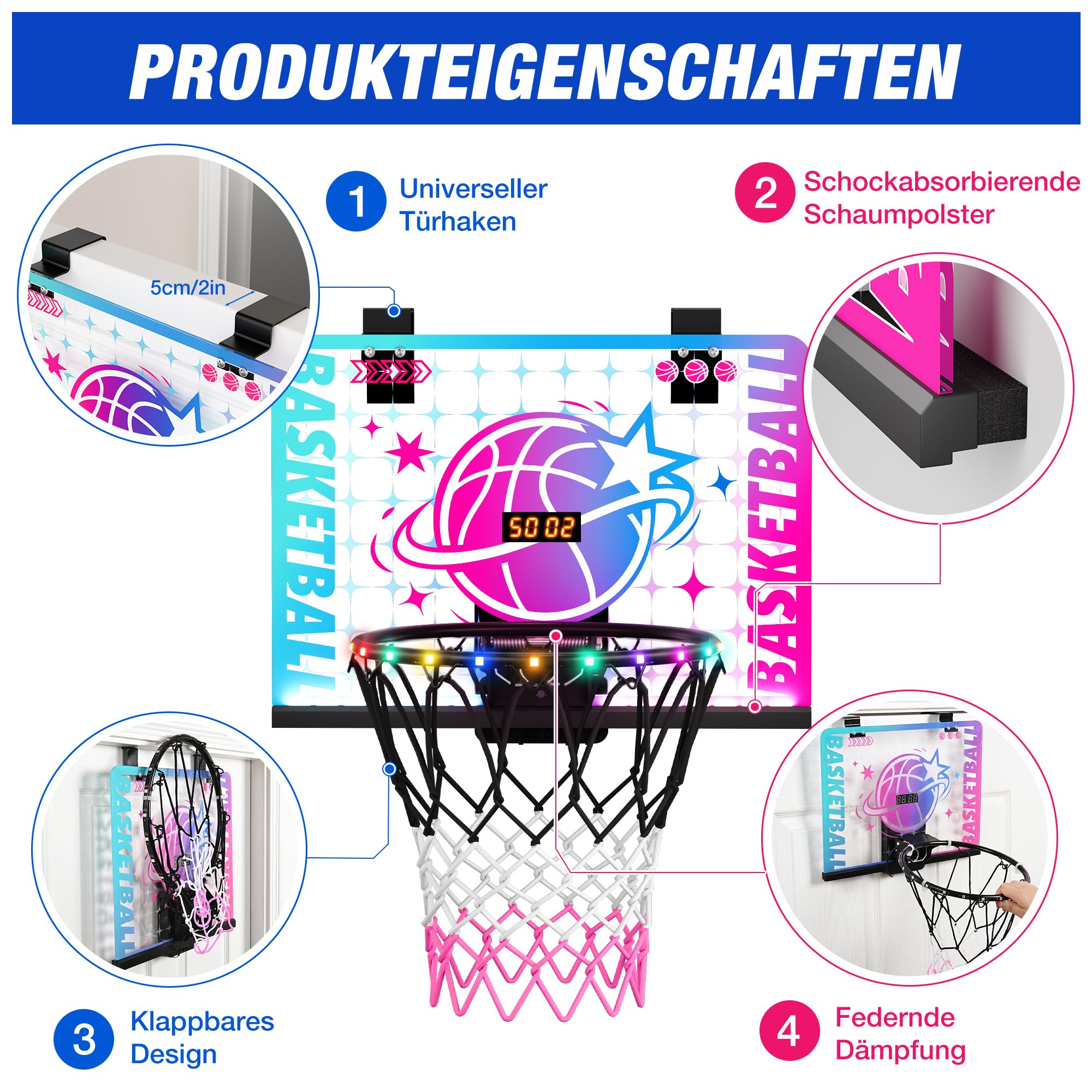 ROPODA Basketballkorb Indoor für Kinder, Mini Basketballkorb mit LED-Licht, Fernbedienung & Anzeigetafel, Basketball Korb Basketballspielzeug für Jungen Mädchen Jugendliche ab 3 Jahren