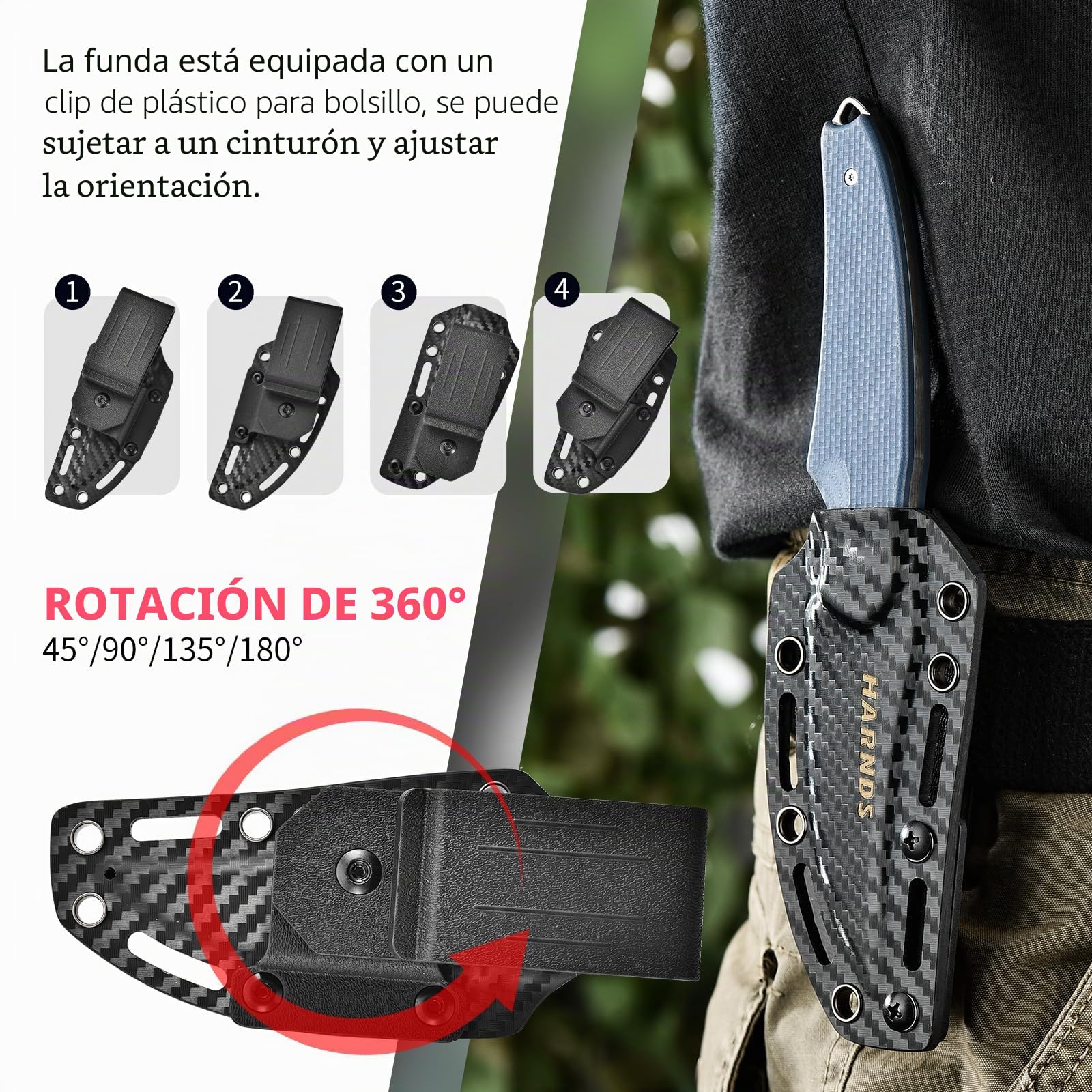Harnds Tiburón Cuchillo de Hoja Fija para Outdoor con Funda Kydex Hoja de Acero D2 Ideal Cuchillo de Camping Cuchillo de Supervivencia Premium Cuchillo Bushcraft (Gris - Satín)