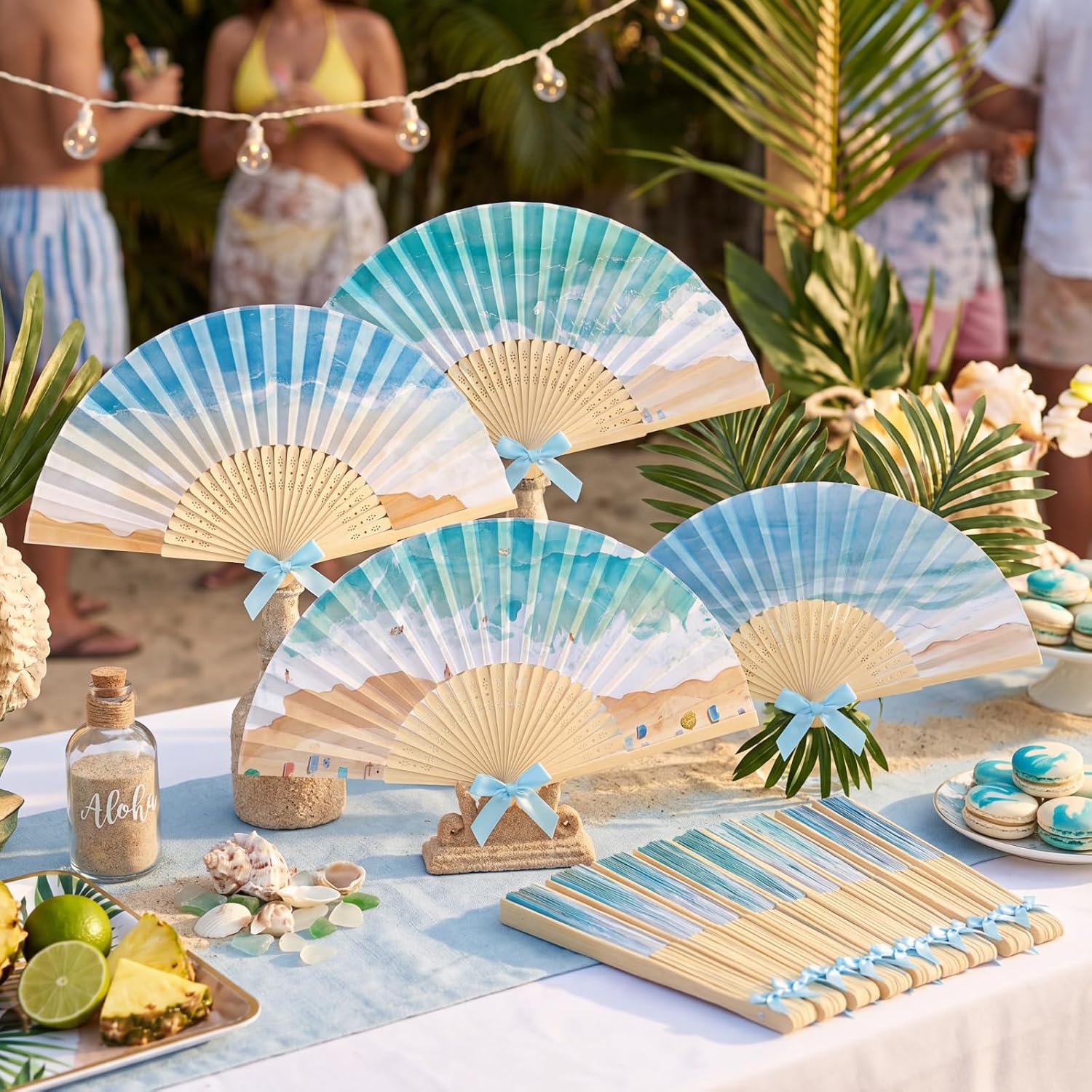Roowest 36 Pcs Beach Folding Hand Fans Bulk Paper Bamboo Handheld Fan with Bows for Summer Beach Wedding Favors Bule Ocean Waves Fans for Bridal Baby Shower Birthday Party Luau Tropical Holiday Decor
