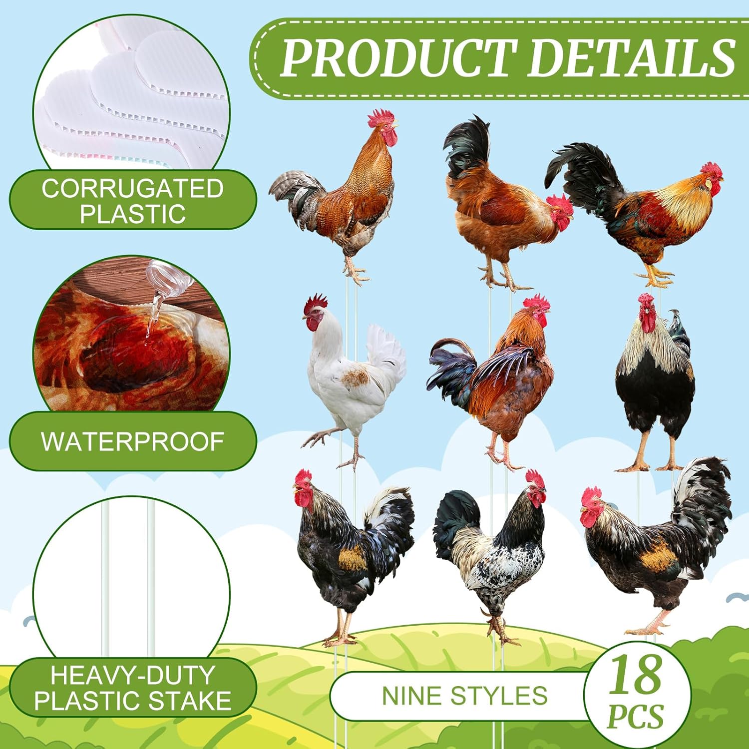 Yuntau 18 Pcs Chicken Yard Art Rooster Yard Signs Set with 36 Stakes 9 Styles Chicken Yards Stakes Cock Lawn Signs for Indoor Outdoor Home Garden Patio Party Supplies Mother's Day Housewarming Gifts