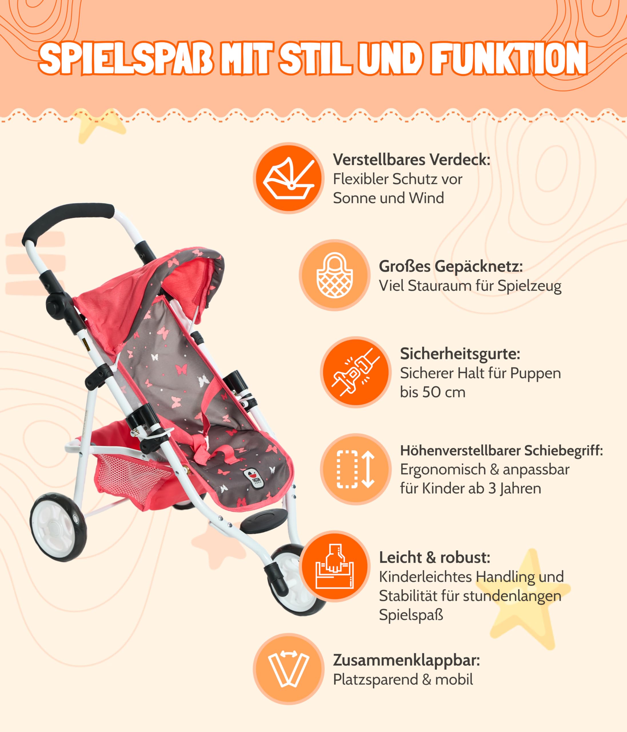 Bayer Chic 2000® Puppenbuggy Lola – Butterfly Koralle – Faltbarer Puppenwagen – Griff höhenverstellbar 33-62 cm – 3-Rad Jogger – Puppen bis 50 cm – 3-6 J.
