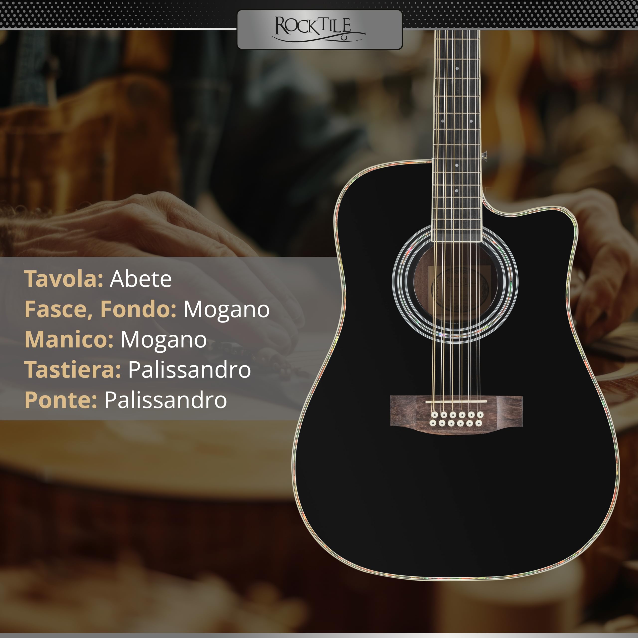 Rocktile WSD12-50C-BK Chitarra Western Nera, Allgemein, Peso: 2, 36 kg | Modell: WSD12-50C-BK, 36 kg, Numero di corde: 12, Orientamento: Destrimano, Korpus, Forma corpo: Dreadnought con Cutaway