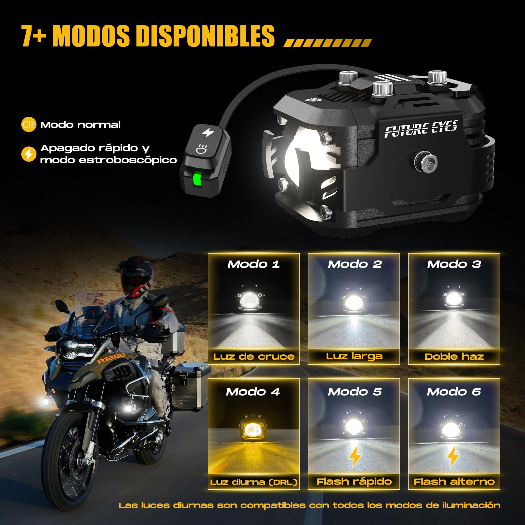 Future Eyes Faros Antiniebla para Moto LED, Luces Auxiliares Ajustables 360°, Impermeable IP67, Luces Todoterreno para Conducción Nocturna, Luz Larga y Corta Ámbar/Blanco, Compatible con ATV y UTV
