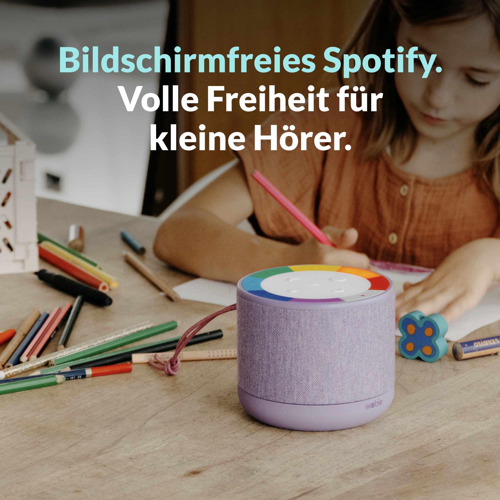 wobie Box Musikbox – Interaktive Hörspielbox & Musikplayer mit Direktzugriff auf Spotify – Bildschirmfreie kabellose Audiobox mit WLAN, Bluetooth & Kopfhöreranschluss – Hörspiele, Musik & Podcasts