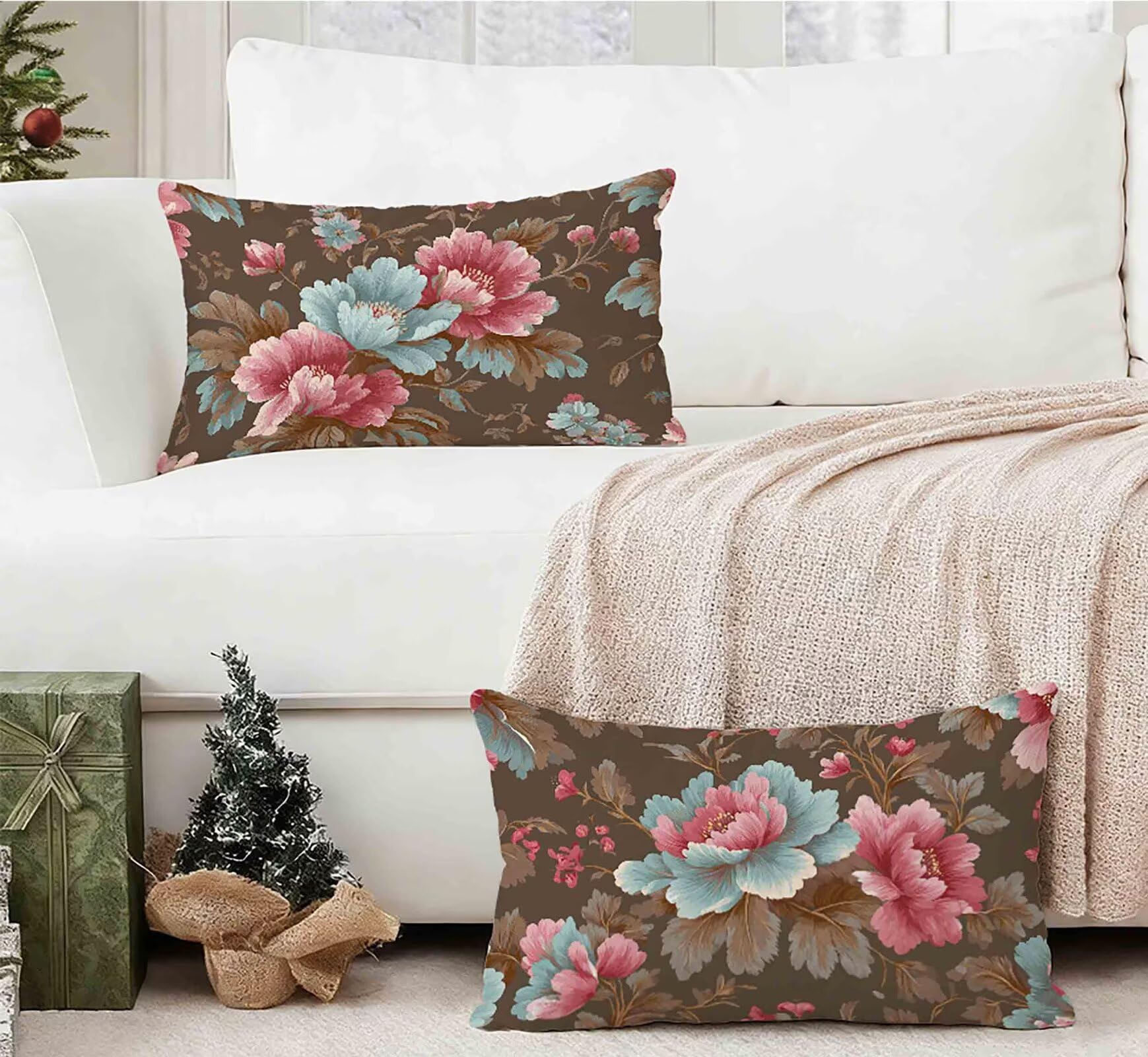 Kissenbezug 50x70cm 2er Set, Kissenbezug Blume Kopfkissen Rosa Muster Design Kopfkissenbezug Wasserdicht Leinen Pillow Case Herbstdeko mit Verstecktem Reißverschluss für Deko Wohnzimmer -lsy25012T5