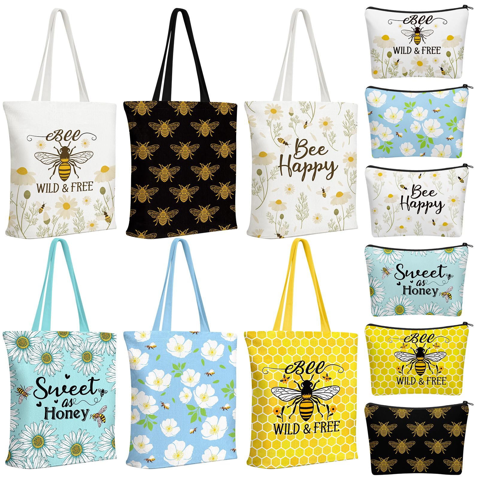 Yaomiao 6 Sets Bee Themed Tote and Cosmetic Bags Set for Women Funny Honeybee Canvas Reusable Grocery Bag with Zipper Holiday Birthday Thank You Gifts