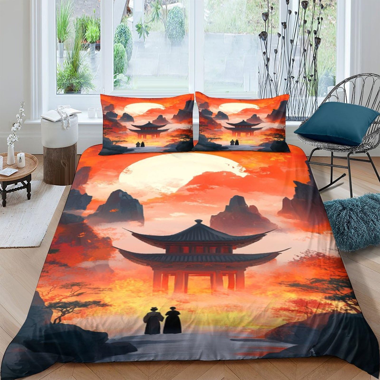 Ctjqhvkz Style-6 3D Printed Sunset Temple Fitted Sheet Microfiber Soft Orange Landscape Bed Cover For Bedroom Guestroom Decor Single（135X200cm）