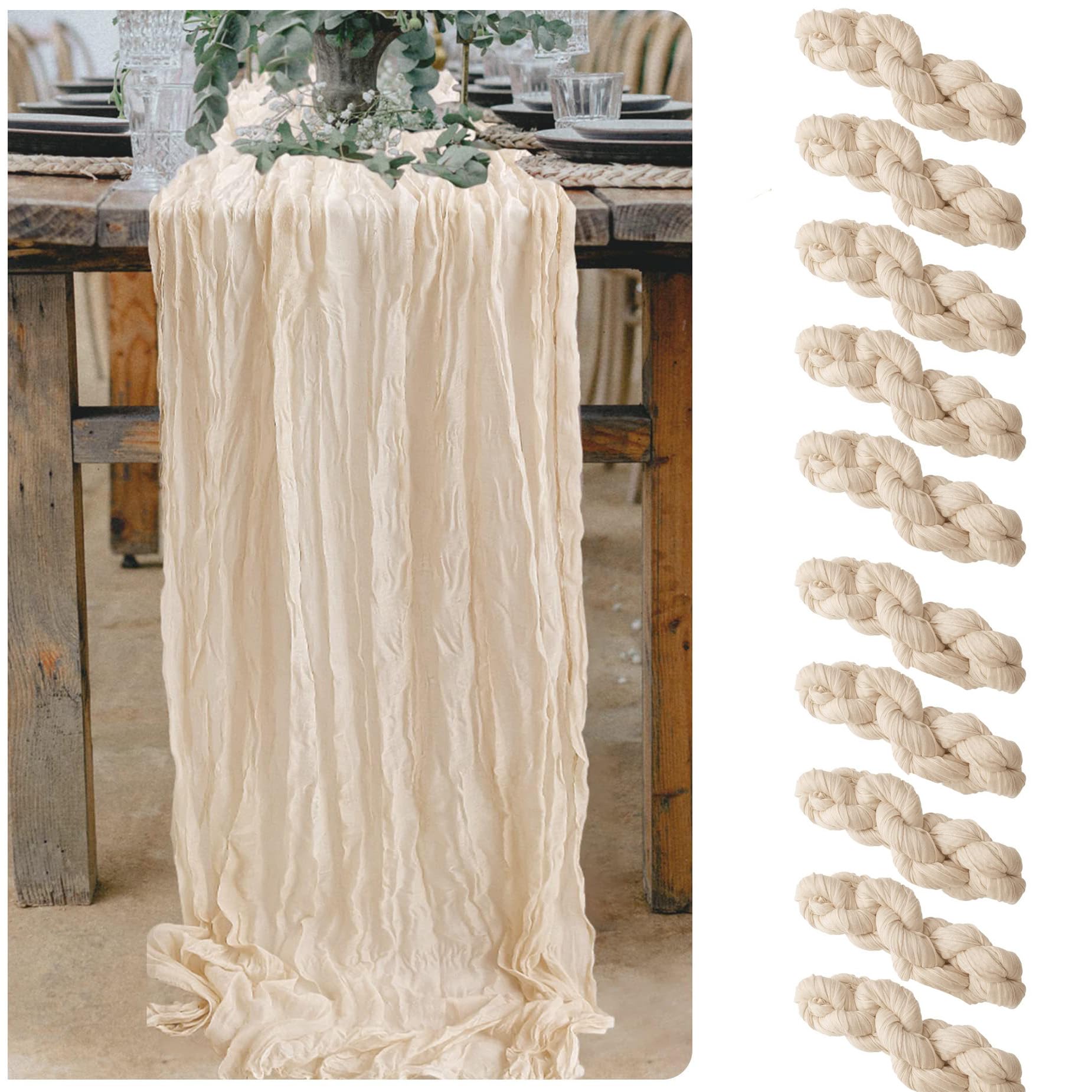 10 Packs Cheesecloth Table Runner, 90x300cm Beige Rustic Gauze Fabric, Boho Rustic Table Runner Tablecloth for Wedding Bridal Shower Birthday Party Cake Table Decor