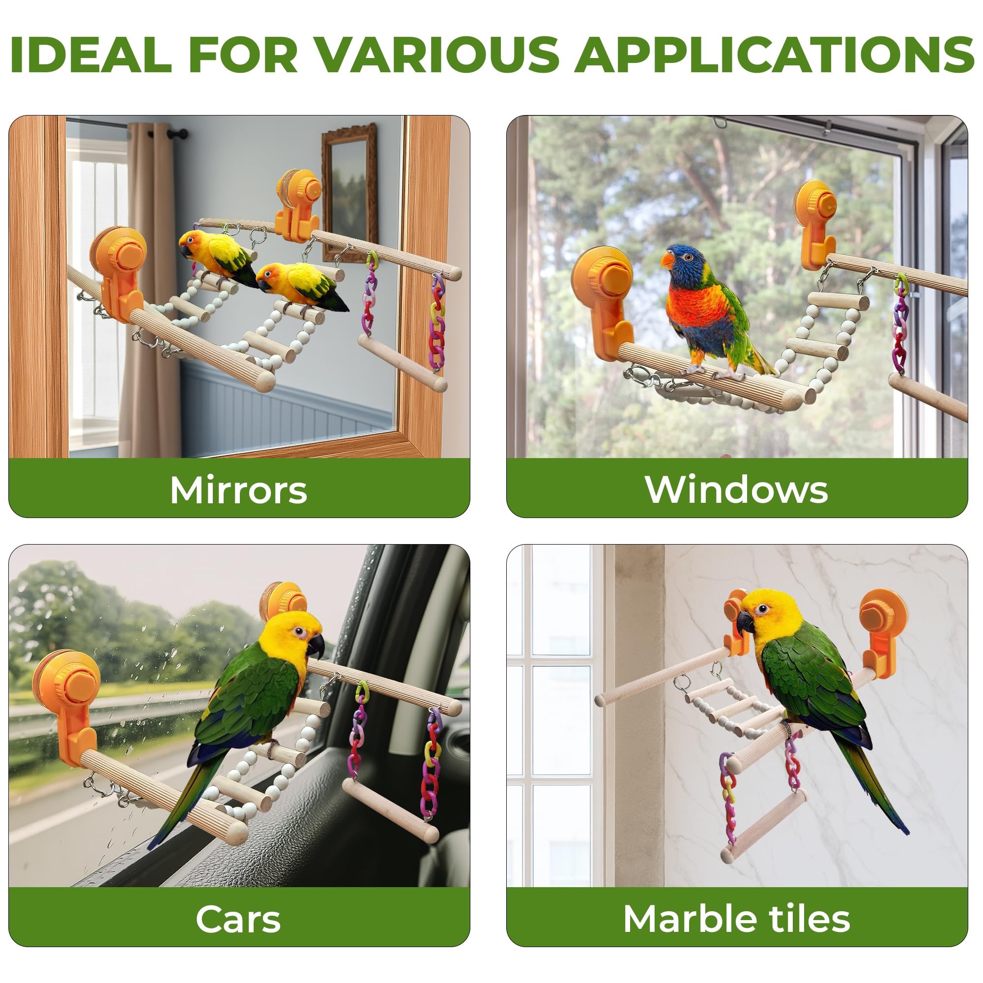 Wood Window Bird Perch Toy with Suction Cup, Climbing Ramp Ladder Platform, Enrichment Accessories Stuff for Parrot, Parakeet, Budgie, Cockatiel, Finches to Playstand Bath Car, Love Travel Inside Cage - image 4
