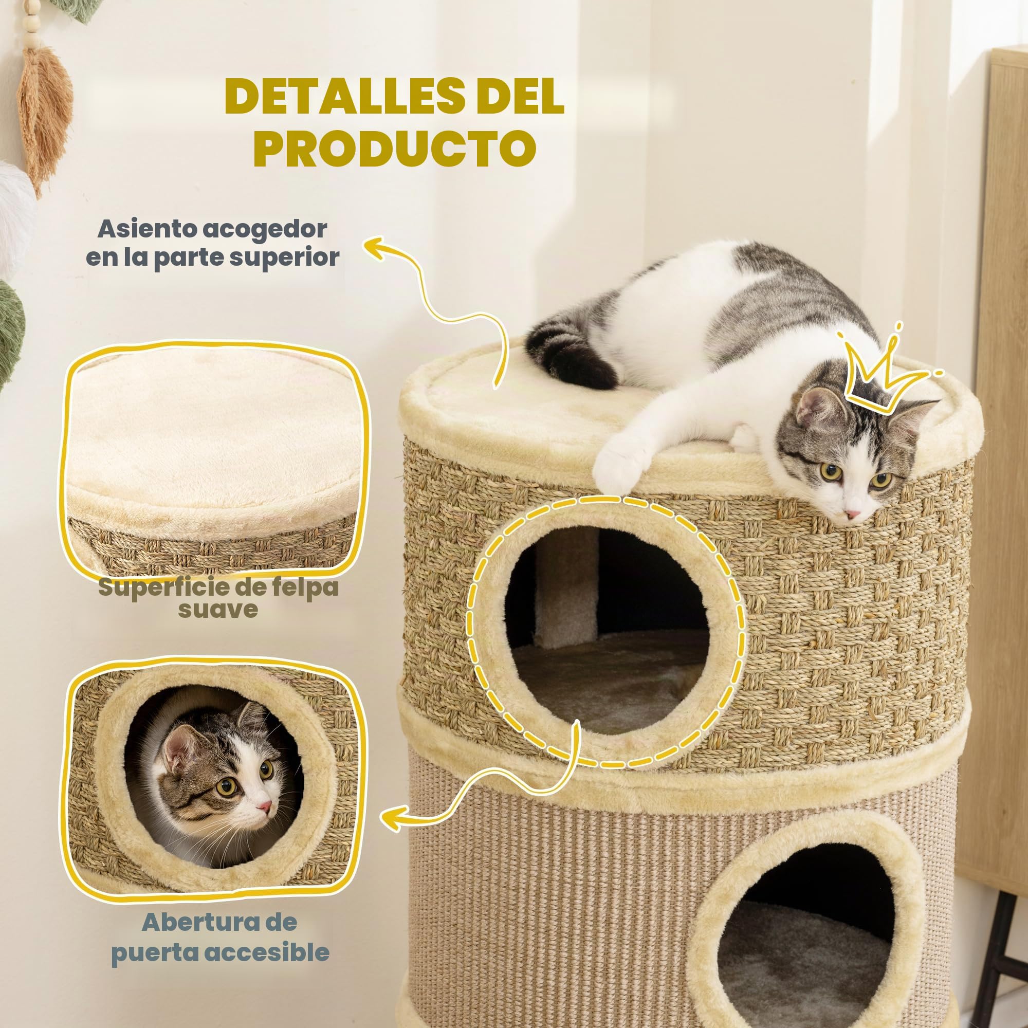 PawHut Barril rascador para Gatos 79 cm Alto Ø 45 cm Barril para Gatos con 3 Niveles Cuerda de sisal, Cueva de Felpa para, Poste rascador para Grandes, Caqui+café
