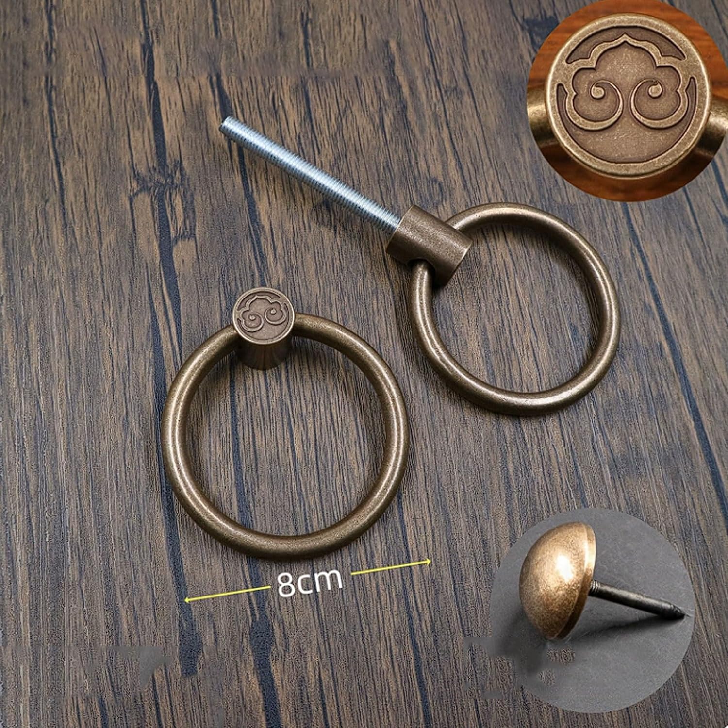 Chinese Style Solid Brass Single Hole Door Ring, Antique Bronze Ruyi Pattern Double-Sided Pull Handle for Wooden Doors Handle(8cm)