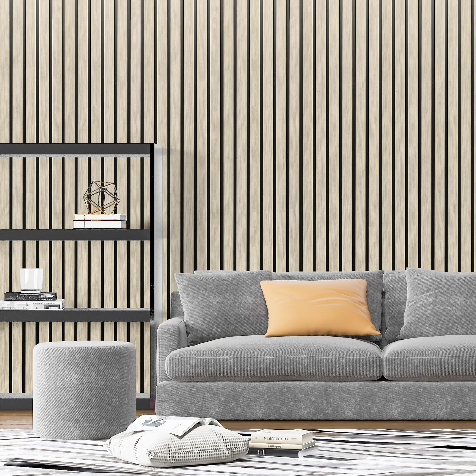 Condition photo showing New/Like New for art3d 4-pack glue-on six-grid wainscoting panel for interior wall decor - 104 x 12 inch polystyrene ultralight slim slat wall panels for living room bedroom, oak