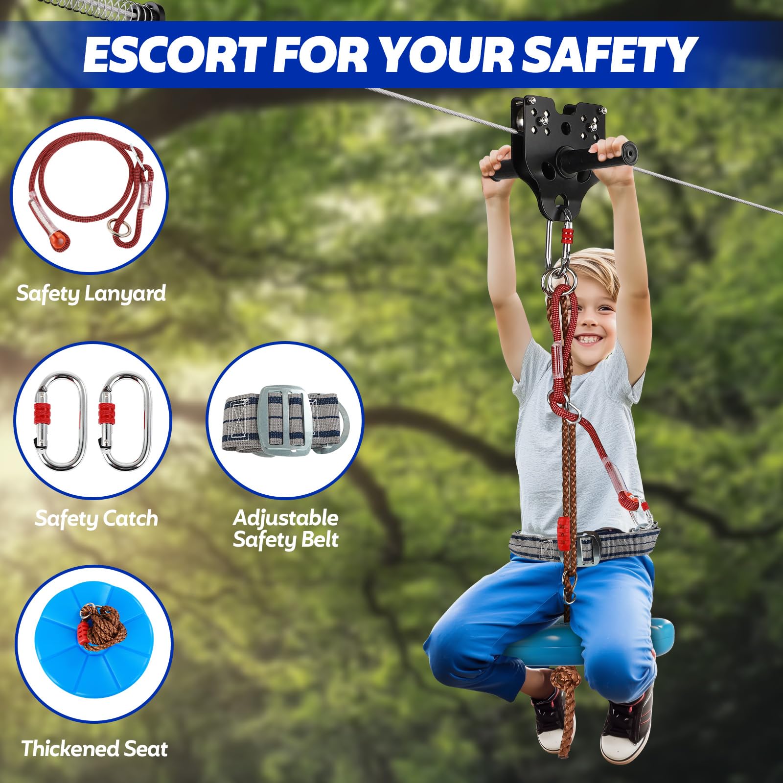 FAHKNS Kit zip line per bambini e adulti 60 m 180 kg Carrello rimovibile sedile ispessito imbracatura sicurezza