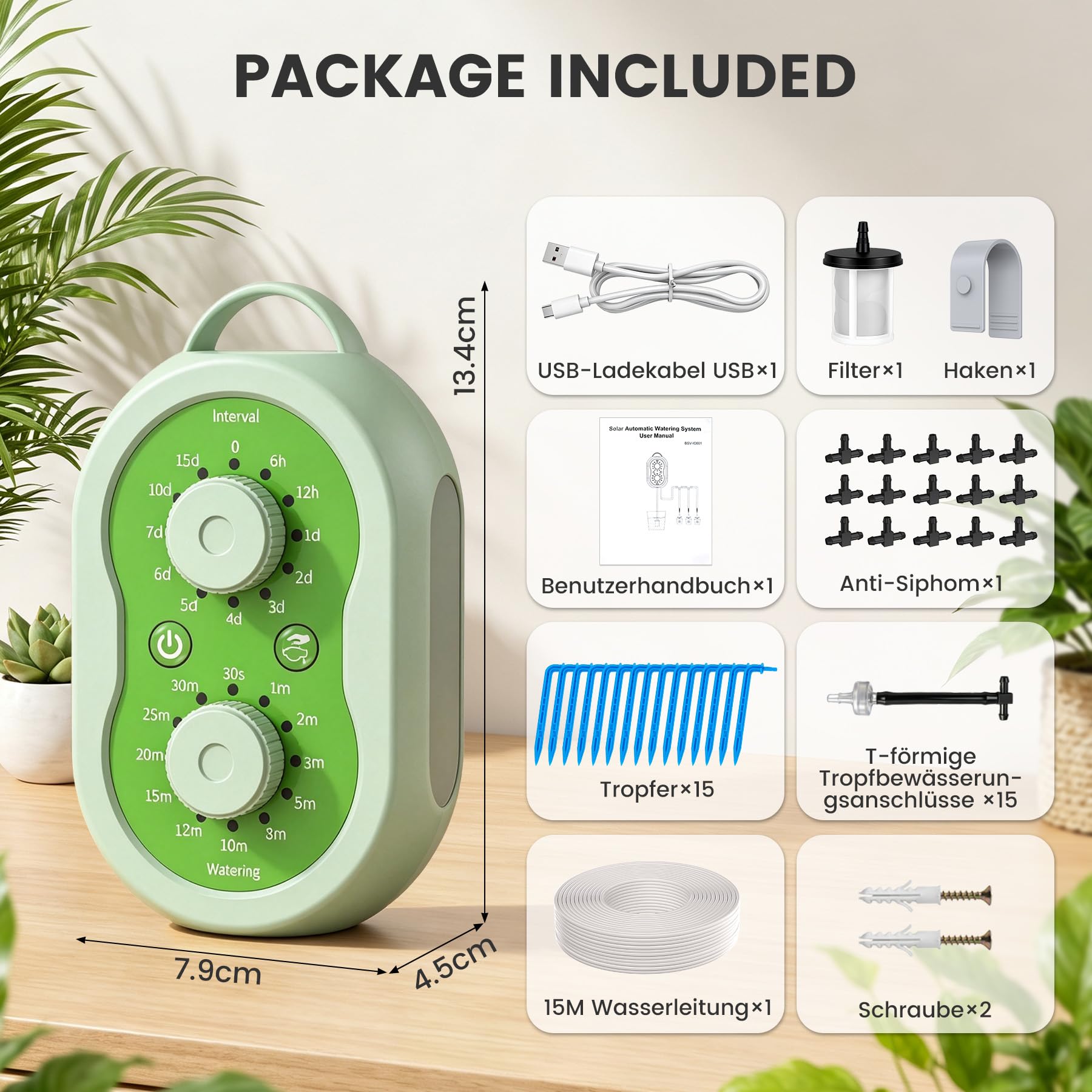Sistema di irrigazione automatica per interni, con indicatore di stato di carica a LED e doppia manopola per fino a 15 piante in vaso, per balcone, vacanze, serra