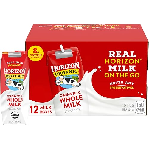 Horizon Organic Shelf Stable Whole Milk Boxes, 12ct | 8g Protein per Serving, Whole Milk, USDA Organic, No Refrigeration Required, Lunchboxes, On The Go, For Adults & Kids