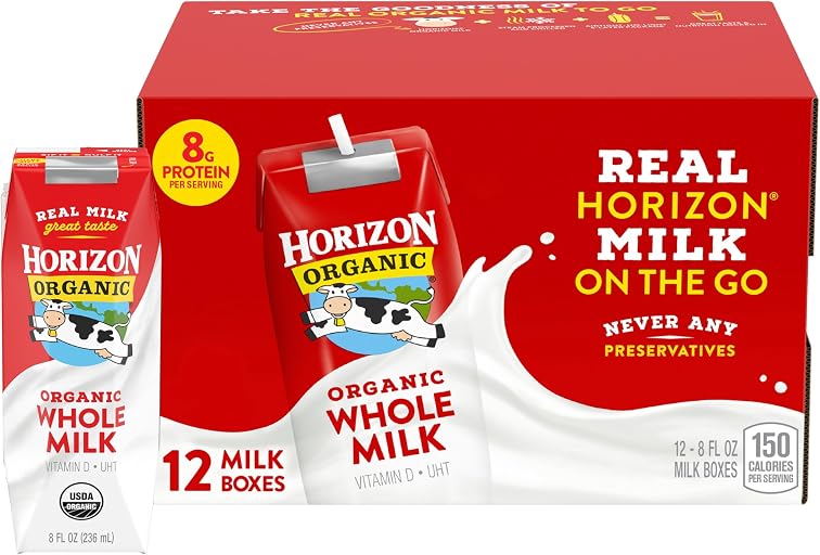 Horizon Organic Shelf Stable Whole Milk Boxes, Pack of 12-8g Protein per Serving | 8g Protein per Serving, Whole Milk, USDA Organic, No Refrigeration Required, Lunchboxes, On The Go, For Adults & Kids