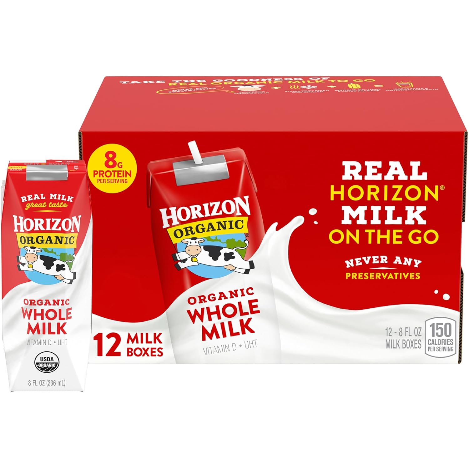 Horizon Organic Shelf-Stable Whole Milk Boxes, 8 fl oz 12 Pack - USDA Organic UHT Milk, 8g Protein, No Refrigeration for Lunchbox & Travel