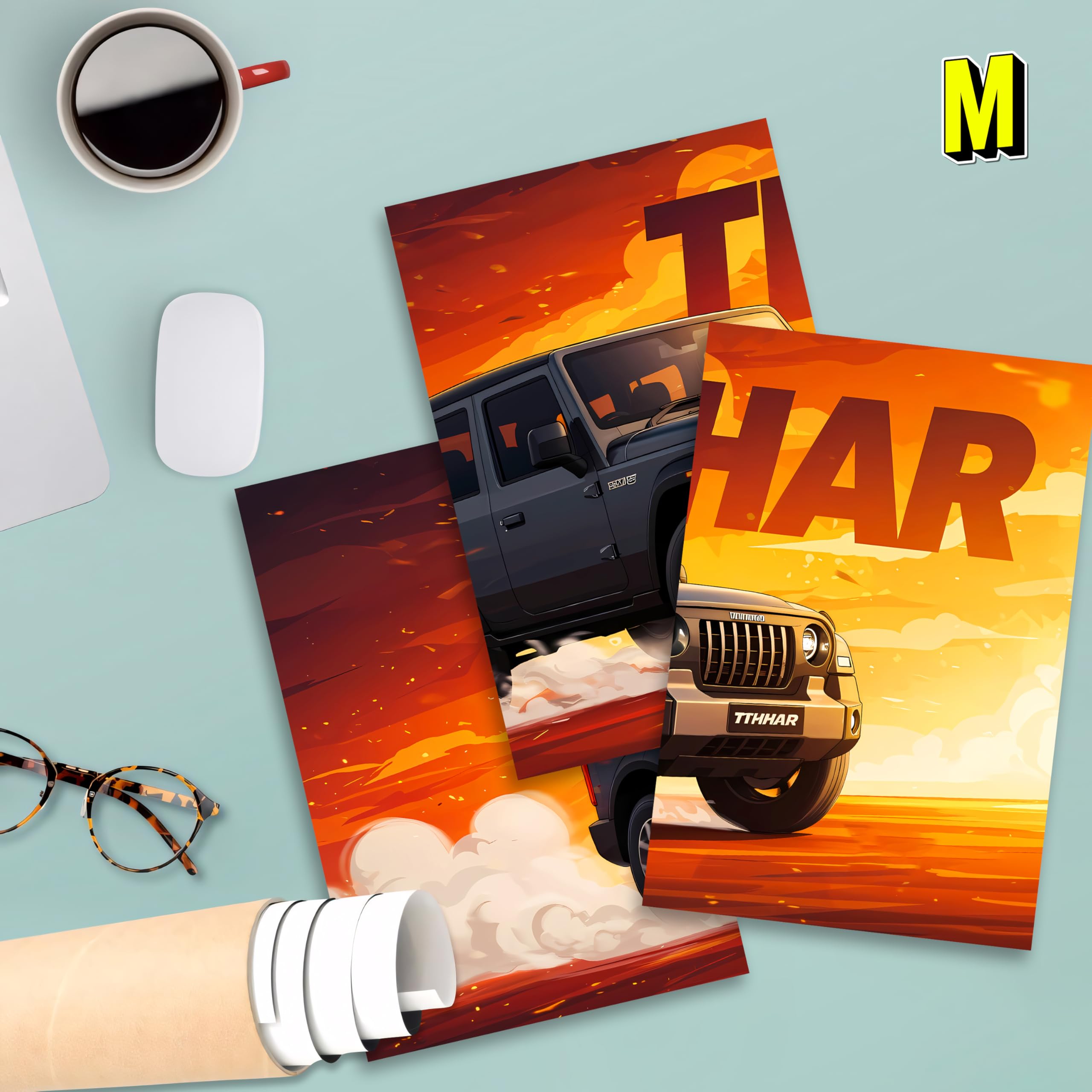 MODERN GALLERY MART Pack of 3 - Car Split Wall Posters | Size (12 x 18 Inch) | 300 GSM Premium Paper | Ideal Gift for Car Lovers, Wall Art for Home, Office & Garage - Glue Dots Included (Thar) 3