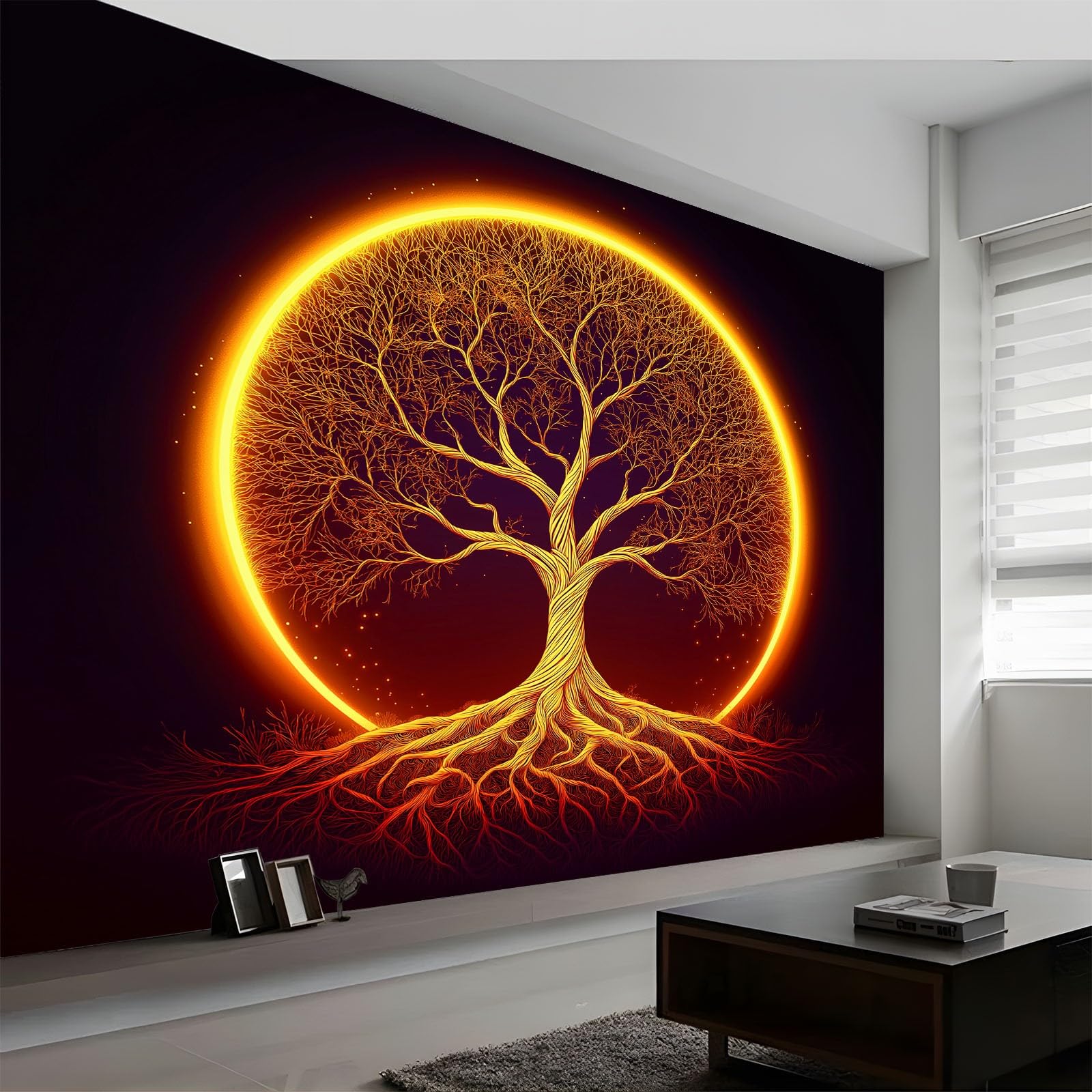 Fantasie Leuchtender Lebensbaum Fototapete 3D Effekt 250 x 175 cm (B x H) Vlies Tapete mit Geruchsfreiheit Wandposter Wandkunst, Schwarz Wandbild Wanddeko für Wohnzimmer Schlafzimmer