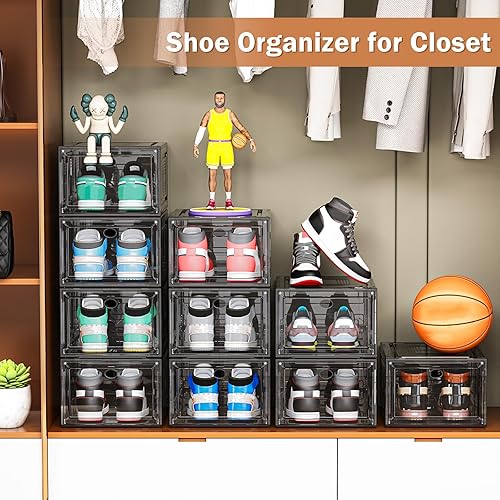Miniatura 6 de Paquete de 10 organizadores de zapatos, cajas de zapatos resistentes apilables con puerta magnética, almacenamiento grueso para zapatos hasta talla