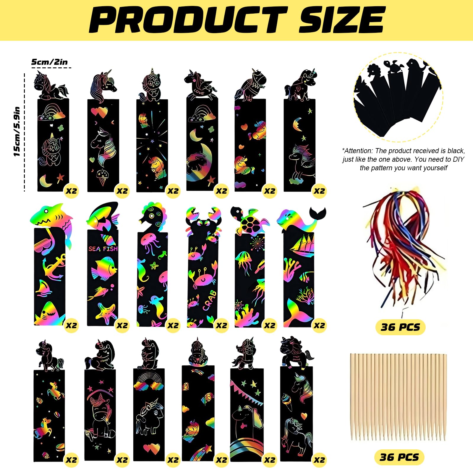 36Pcs/40Pcs Scratch Art for Kids Party Bag Fillers for Kids Scratch Art Party Bag Fillers Rainbow Bookmarks for Children Animal Craft DIY Scratch Art with Wooden Stylus and Ribbons for Girls Boys (A) - Image 2