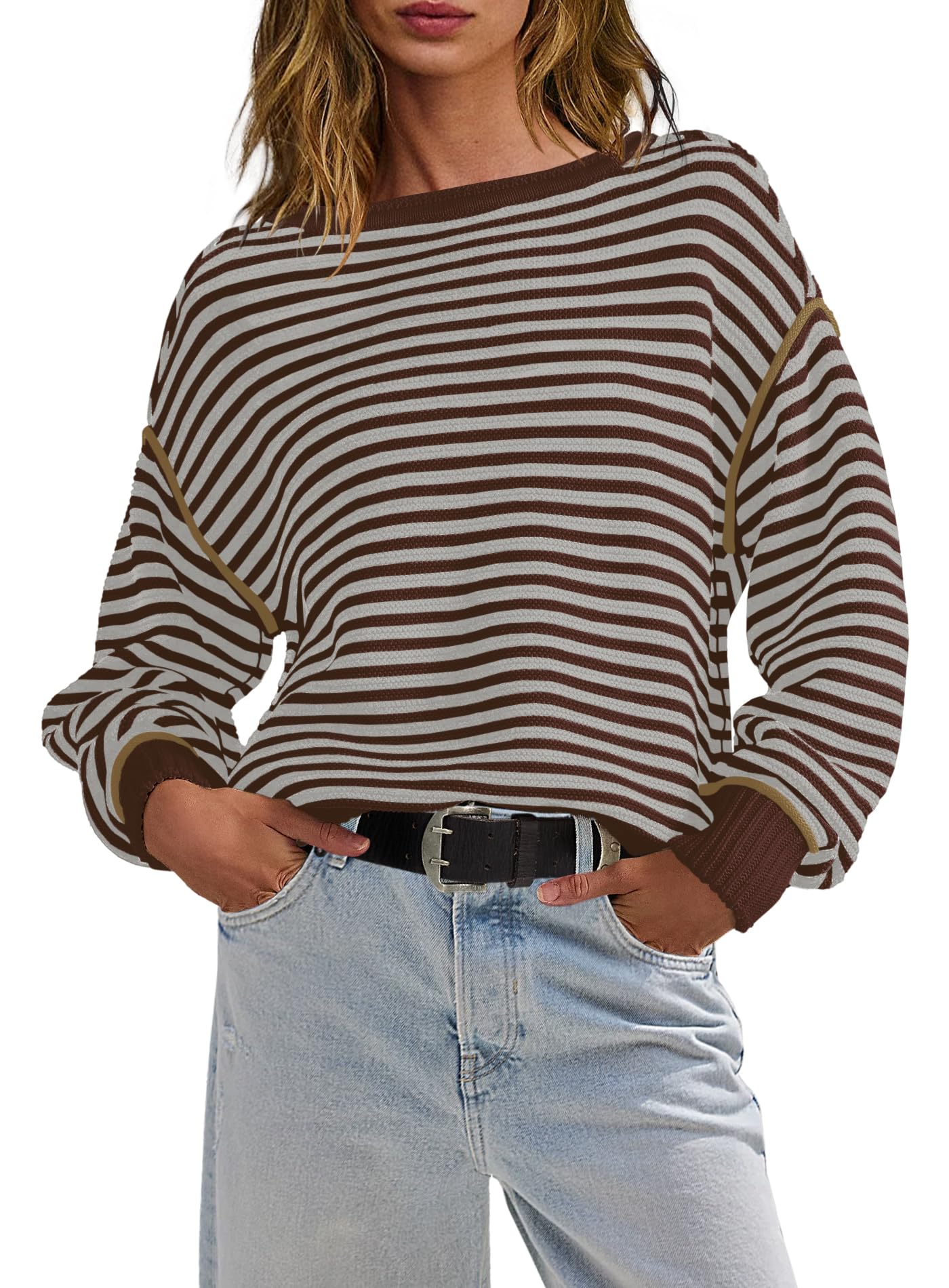 Panadila Womens Striped Oversized Sweater Fall Chunky Long Sleeve Pullover Sweaters Cable Knit Color Block Sweater Tops