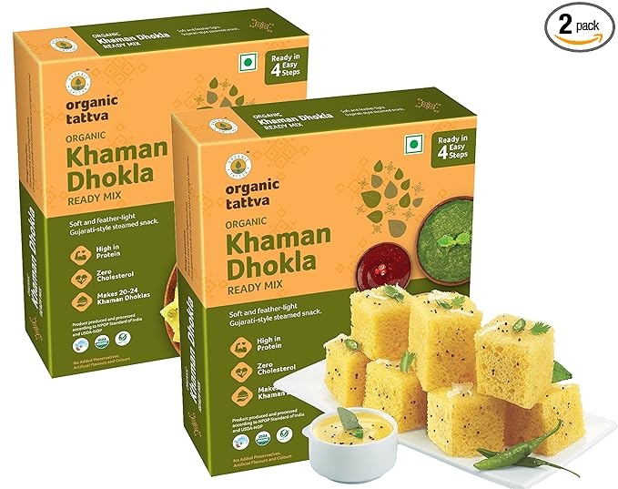 Organic Tattva, Organic Khaman Dhokla Instant Ready Mix 400 Gram | High in Protein, Zero Cholesterol | No Artificial Colours, Flavours and Preservatives | Ready in 3 Easy Steps | 200 Gram Each