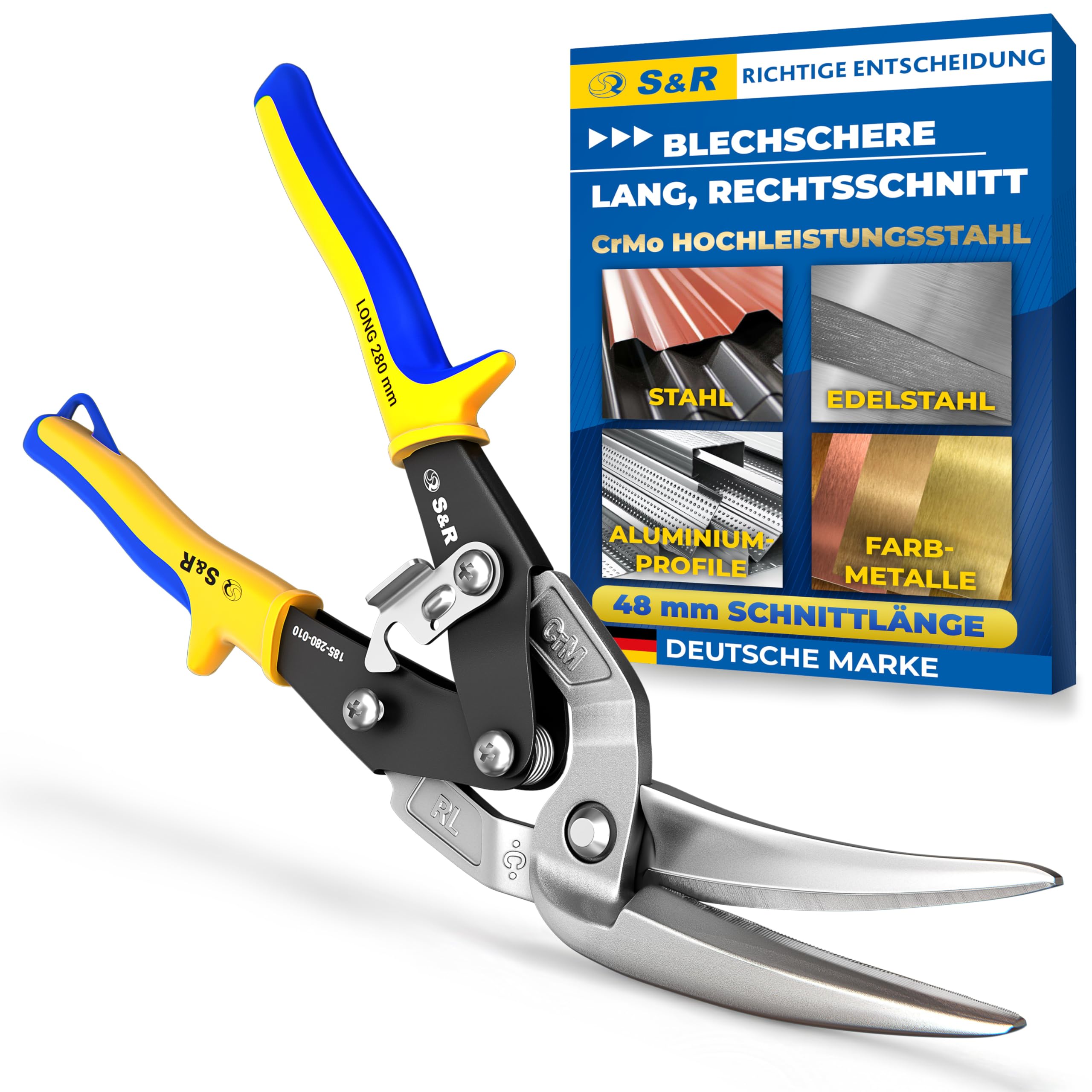 S&R Blechschere Rechtsschnitt 280mm – Durchlaufblechschere aus Hochleistungsstahl mit CrMo-Stahlklingen, induktionsgehärtet 60–62 HRC, 48mm Schnittleistung – ergonomisch, Anti-Rutsch-Griffe