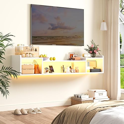 Miniatura 5 de Soporte de TV flotante de 55 pulgadas de ancho con luces LED y tomas de corriente, centro de entretenimiento montado en la pared para estante de TV