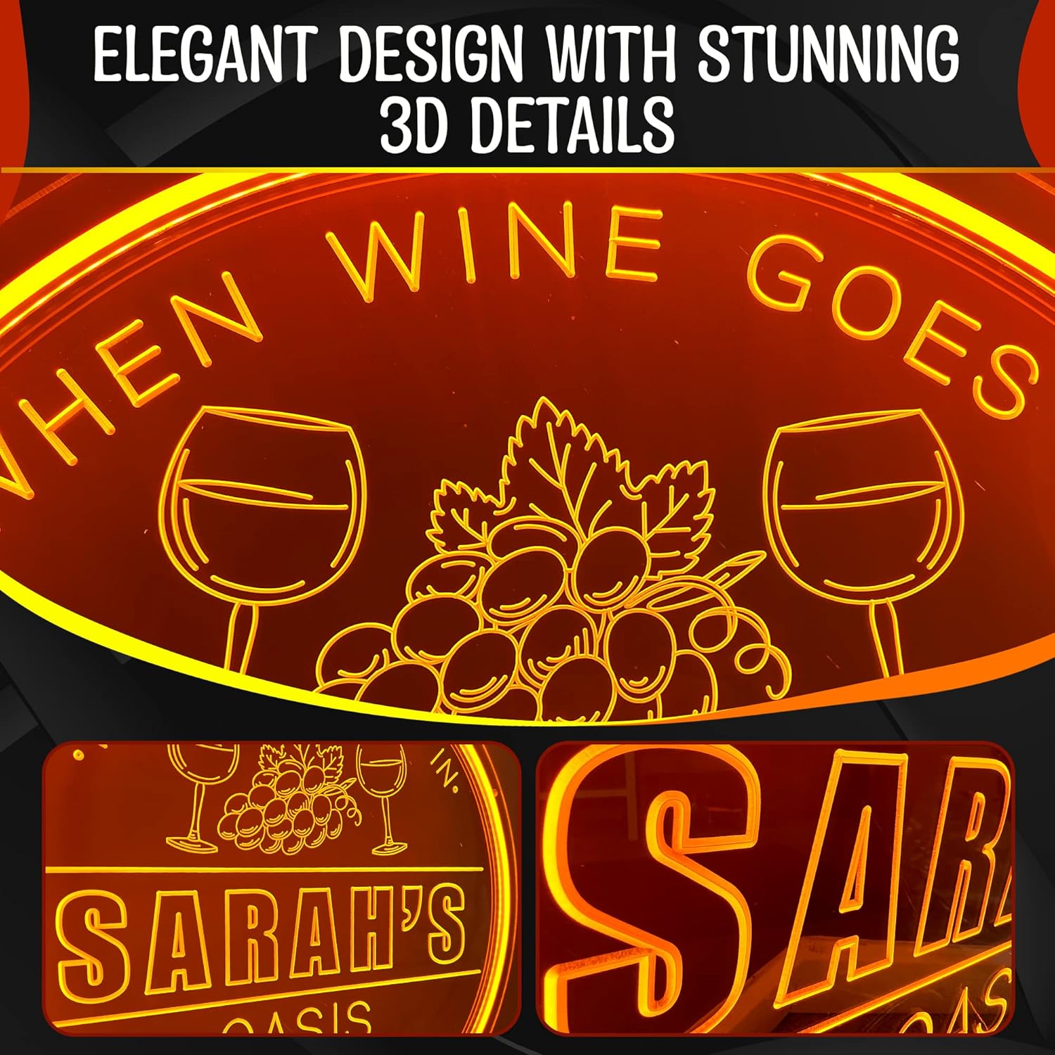 Personalized Wine Glasses Neon Sign for Home Bars- Custom bar signs LED Lighted ManCave, Shelves Gift Lovers, Mother 24'' Round