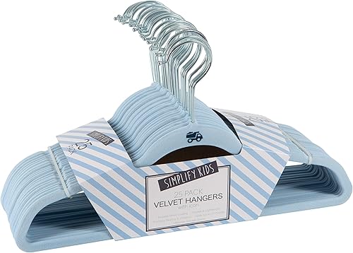 Simplify Paquete de 25 perchas de terciopelo para niños, delgadas, diseño antideslizante, ahorro de espacio, ropa para niños, camisas, pantalones,