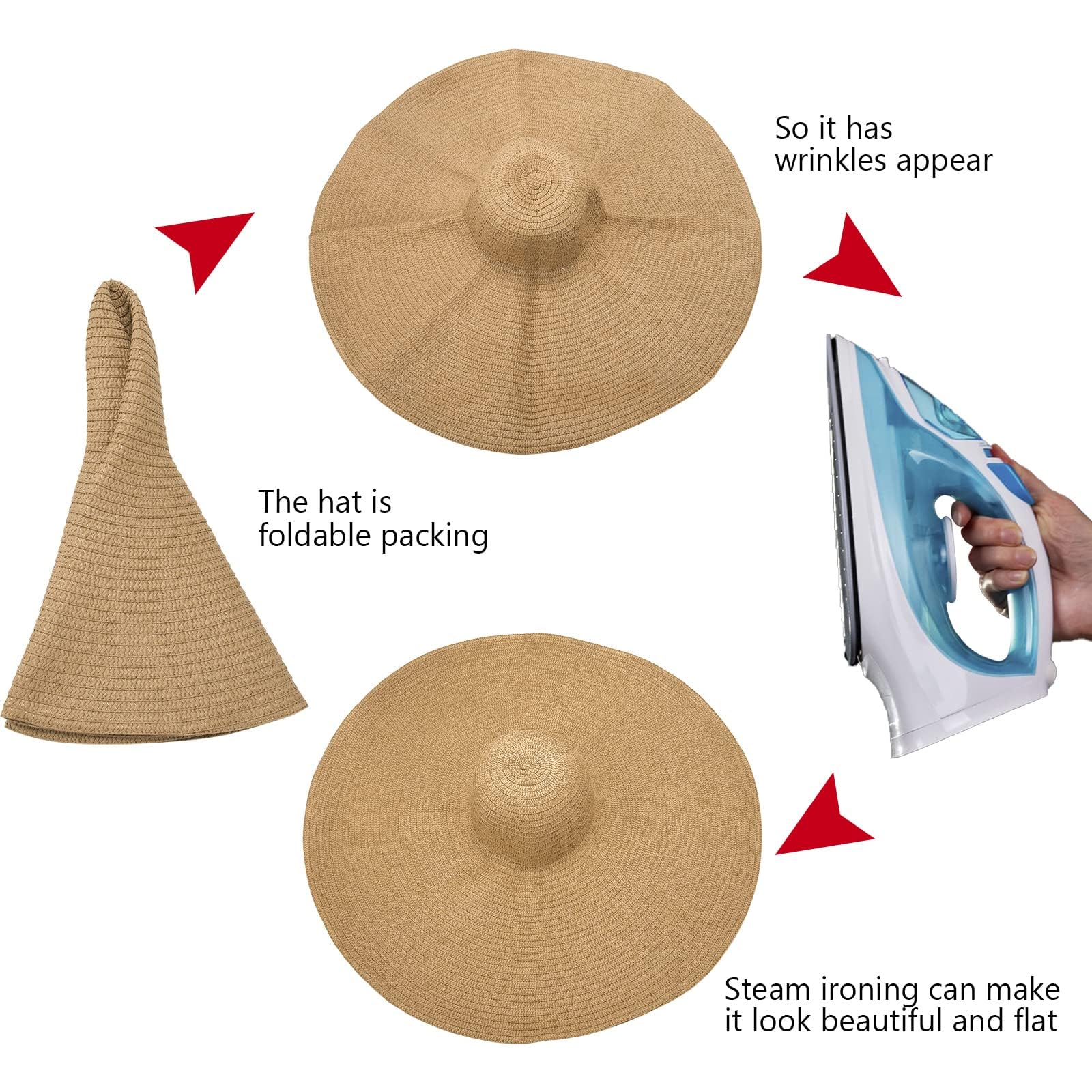 Cappello da Sole Donna, Moda Cappello di Paglia Pieghevole Tesa Larga Sovradimensionato Protezione UV Traspirante Cappelli da Spiaggia per l’Estate Viaggio Cachi