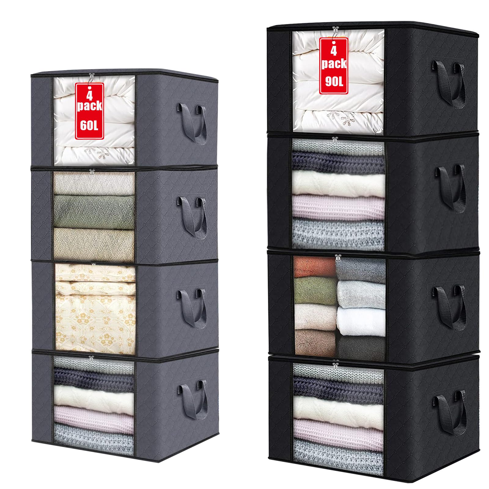 8 Pack Large Capacity Clothes Storage Bags, 4 Pack 90L & 4 Pack 60L Foldable Organizer with Reinforced Handle, Thick Fabric for Blankets, Comforters, Bedding & Seasonal Clothing