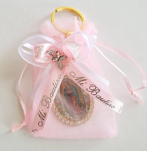 12 Mi Bautizo Organzas Rositas Set con Llaveros Dorados con Imagenes de La Virgen de Guadalupe